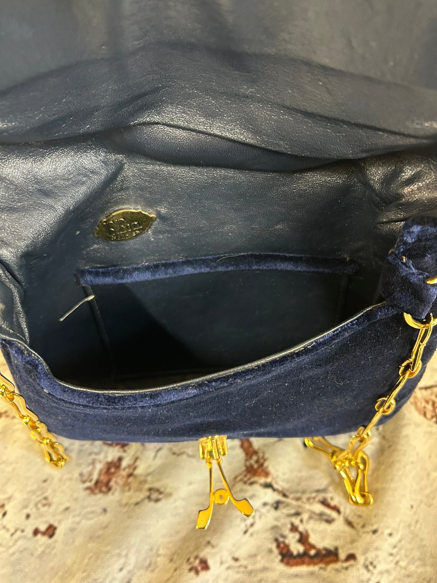 1970s Midnight Blue Velvet Shoulder / Clutch Bag with Gold Chain
