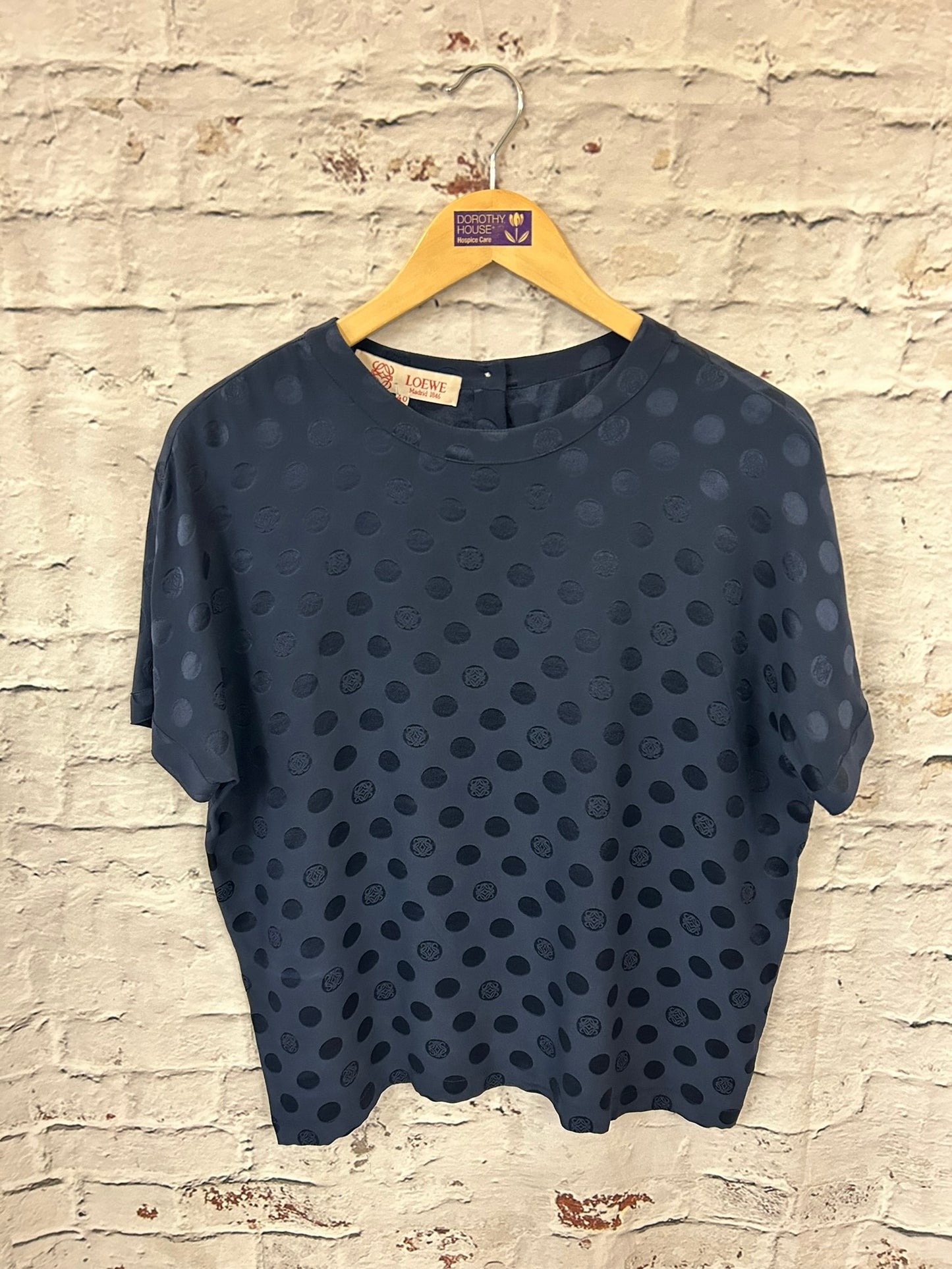 1990s Style Designer Navy Blue Silk Short Sleeved Top Size 12