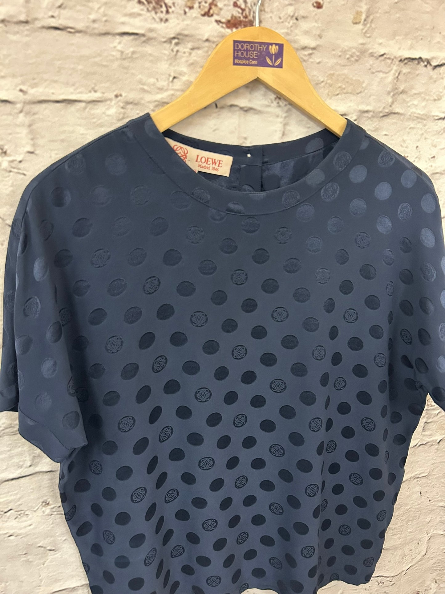1990s Style Designer Navy Blue Silk Short Sleeved Top Size 12