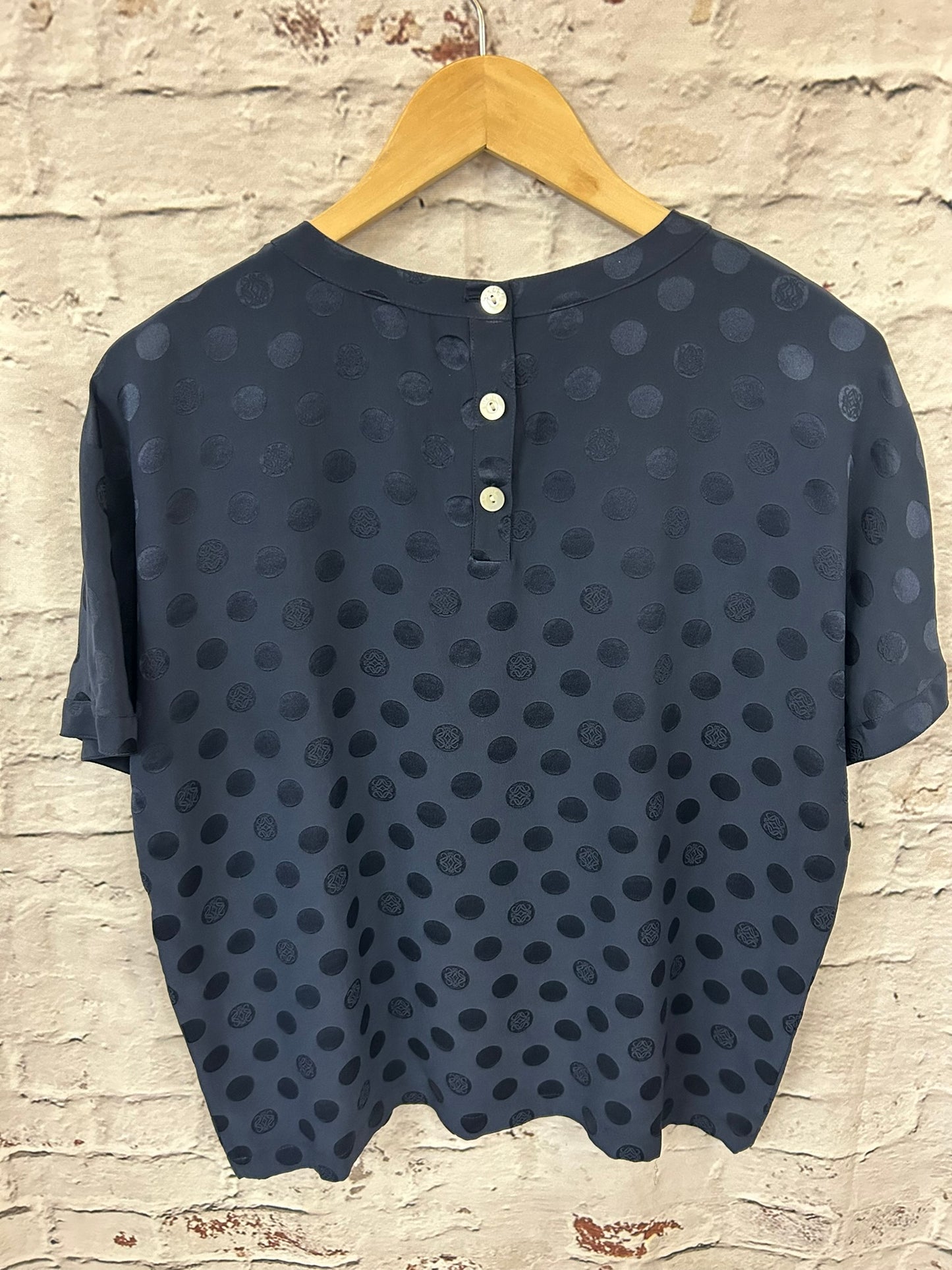 1990s Style Designer Navy Blue Silk Short Sleeved Top Size 12