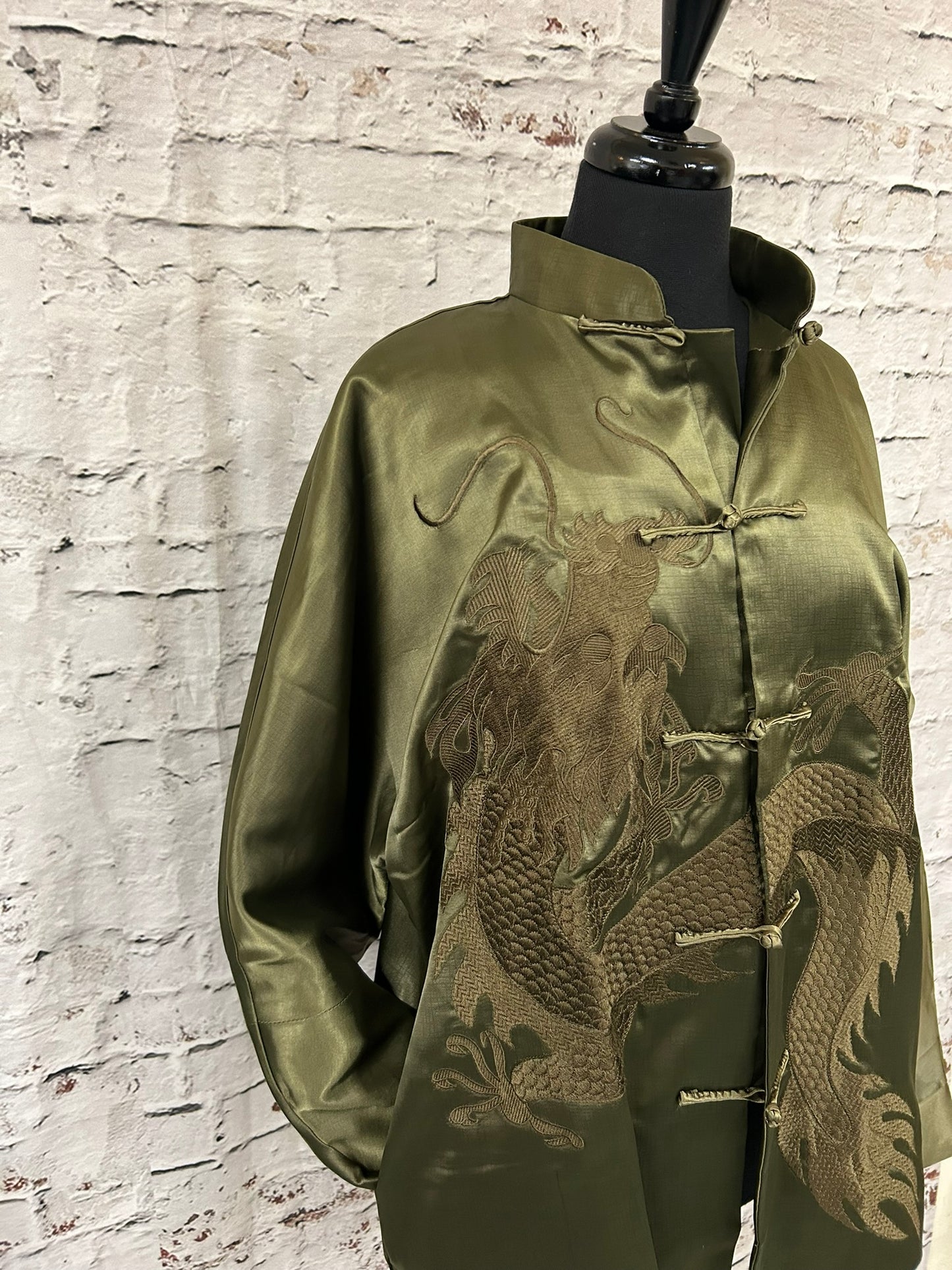 1990s Style Forest Green Chinese Cheongsam Silk Jacket Size