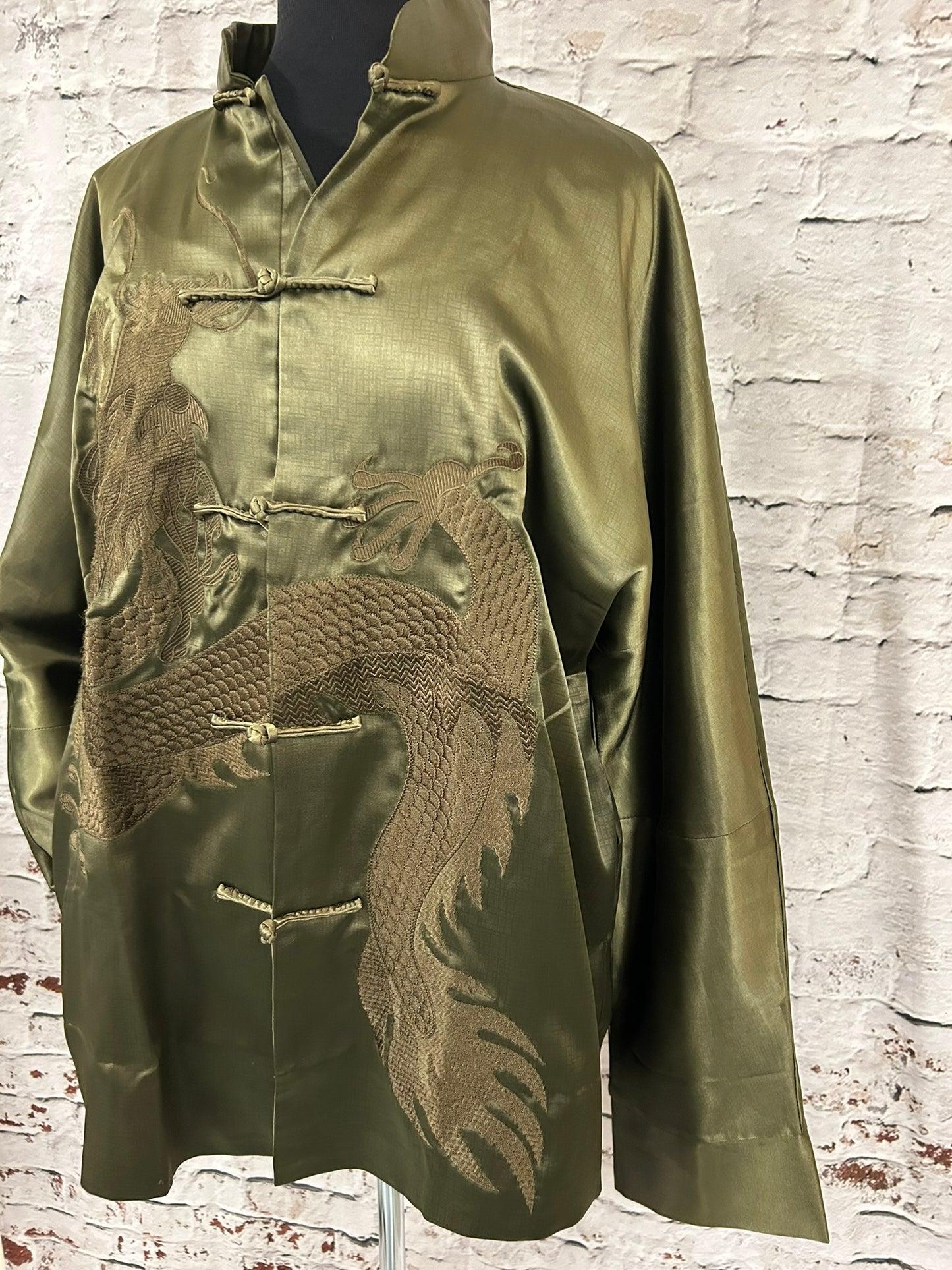 1990s Style Forest Green Chinese Cheongsam Silk Jacket Size