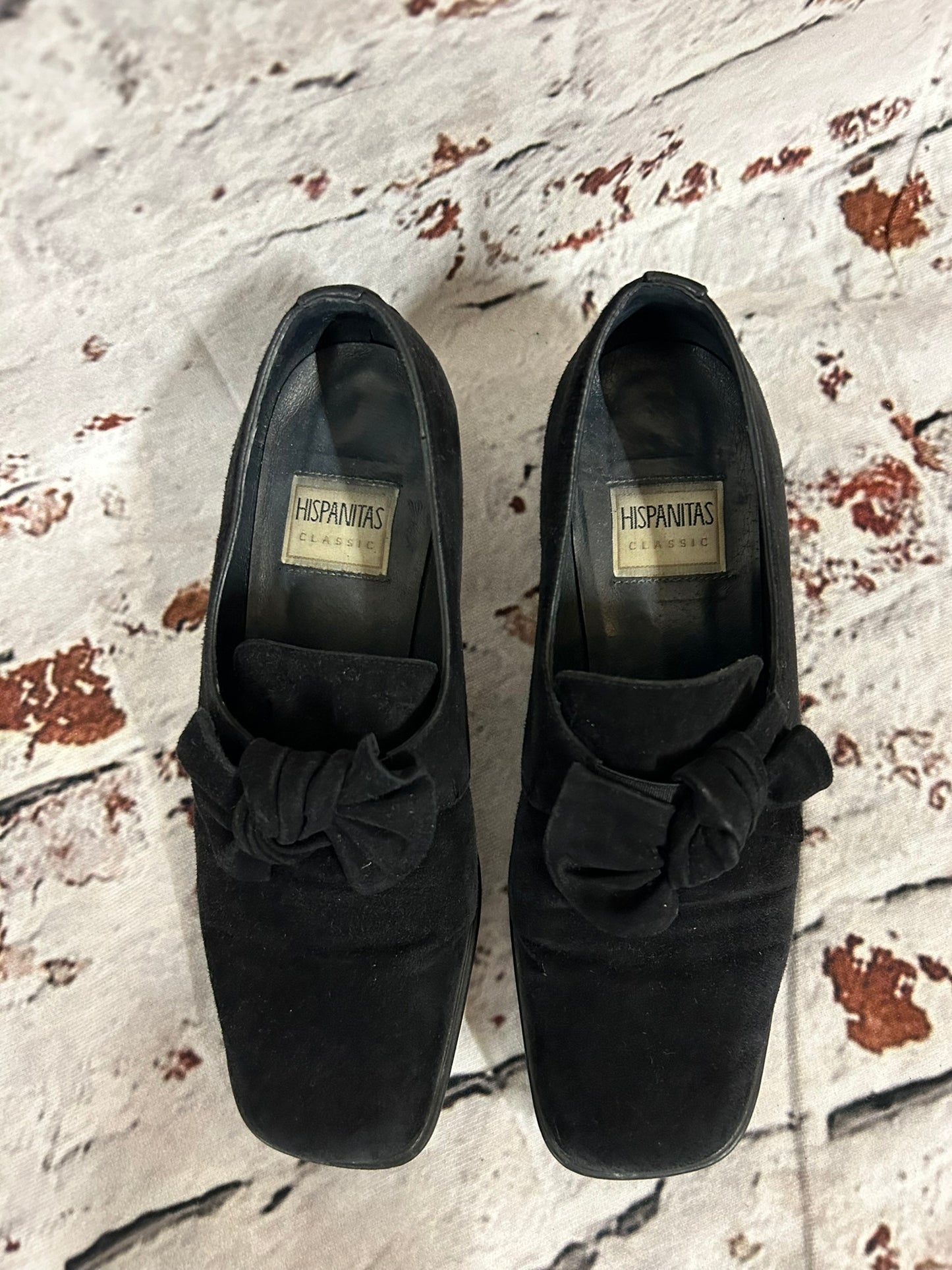 1960s Style Black Suede Bow Shoes Size 5