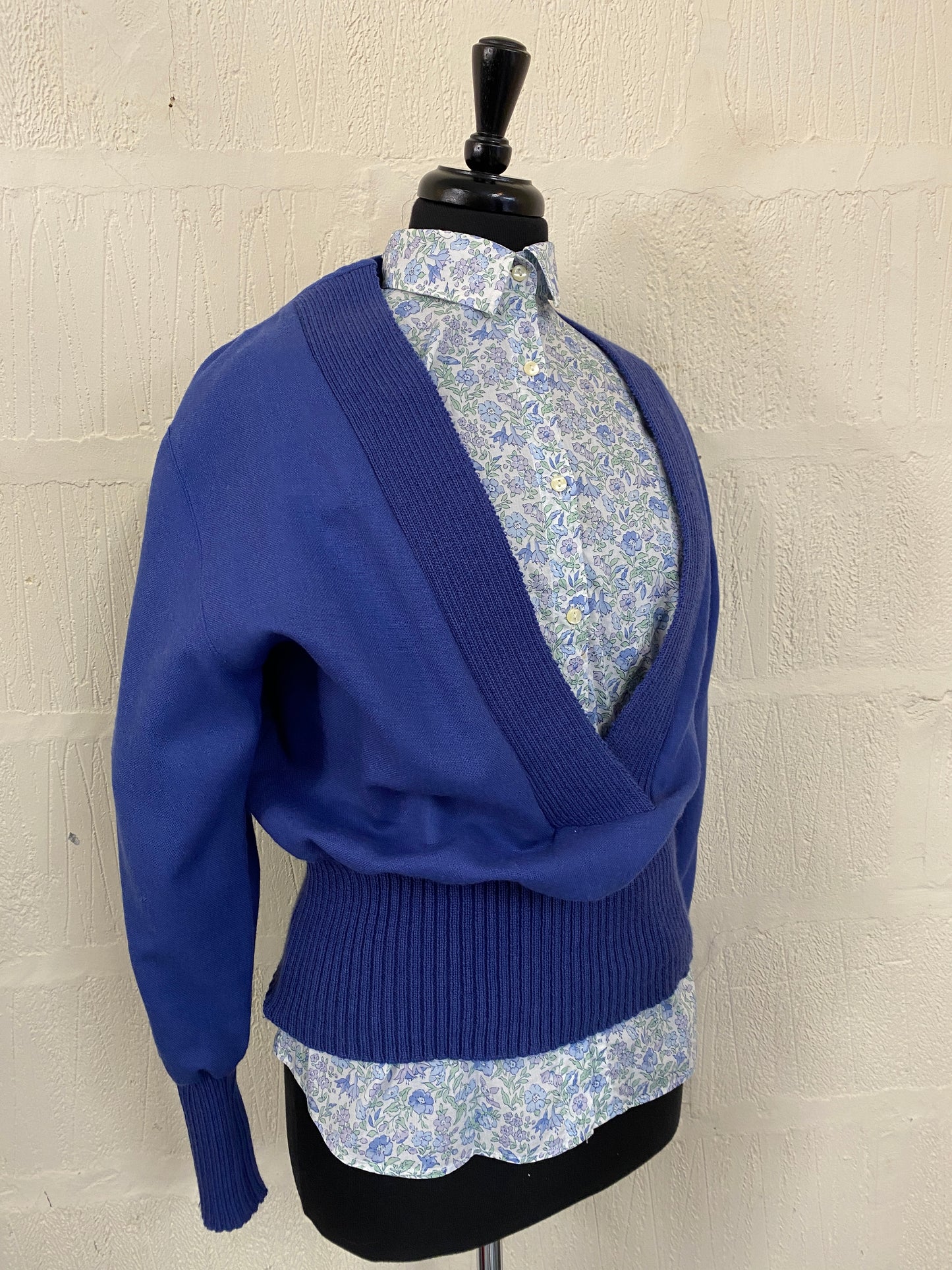 Vintage Pure Wool Blue Plunge V Neck Sweater