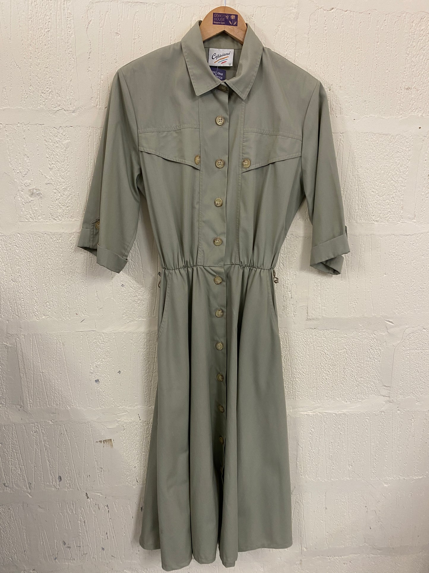 Olive Shirt Style Dress with Short Sleeve Midaxi length Size 12