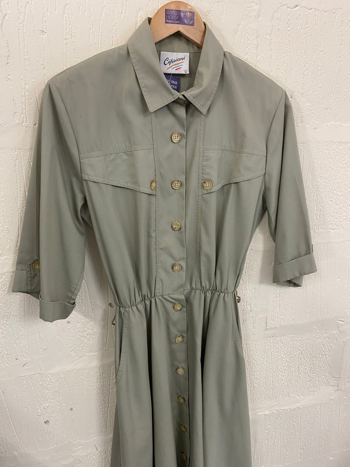Olive Shirt Style Dress with Short Sleeve Midaxi length Size 12
