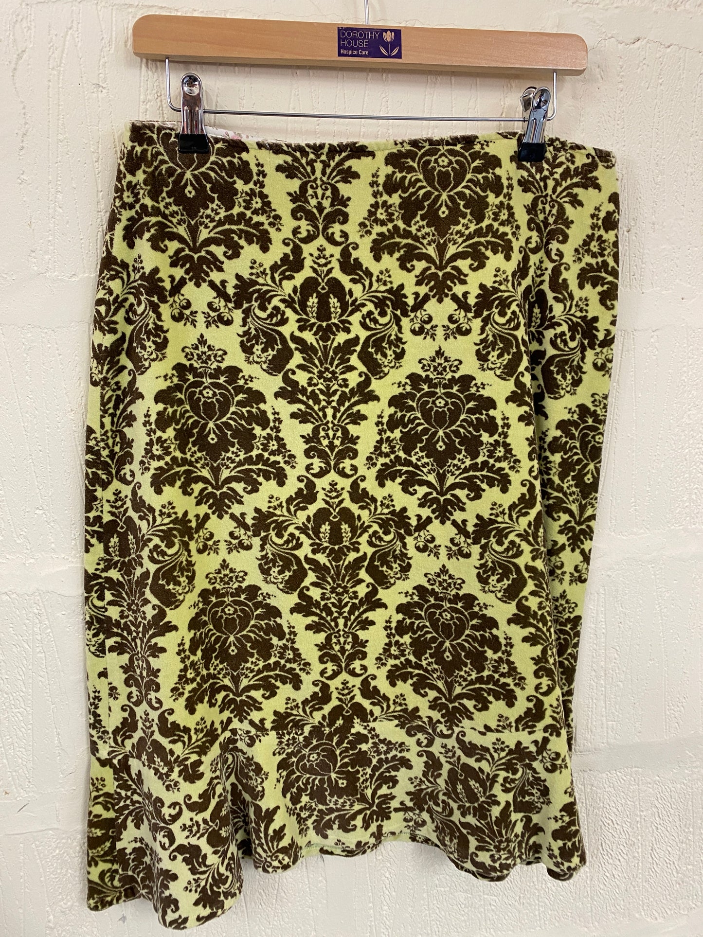 Yellow with Brown Floral A Line Skirt with slight flared hem Size 12