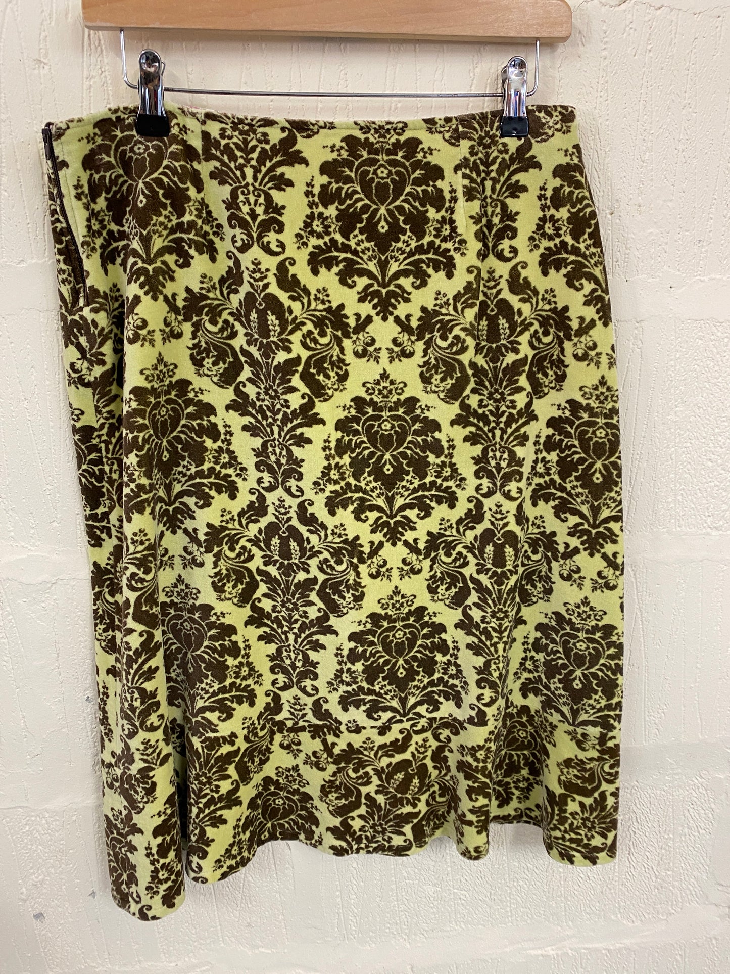 Yellow with Brown Floral A Line Skirt with slight flared hem Size 12