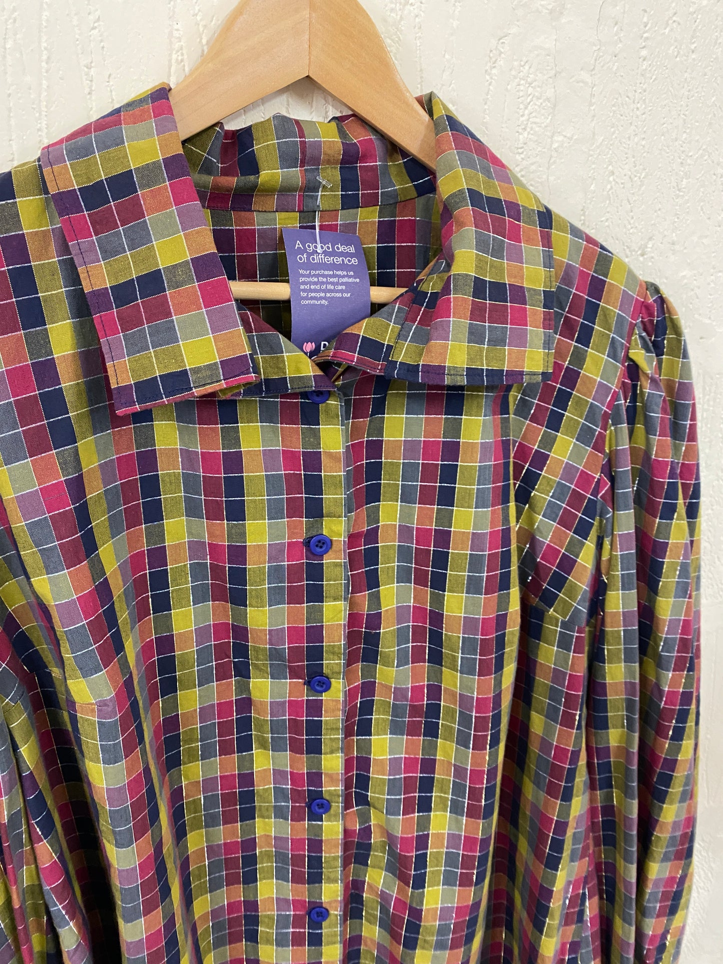 Hand made Multi Colour Check with Silver Thread Shacket Blouse. Size 14