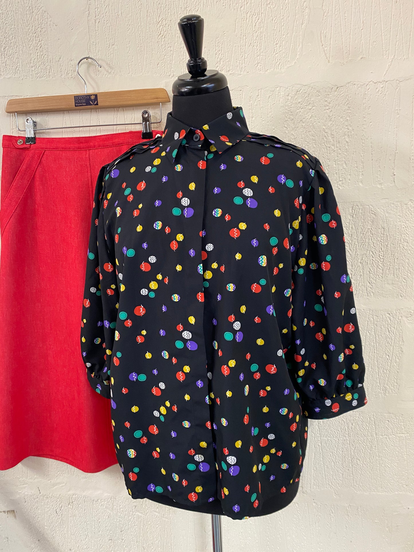 Vintage Black Blouse with Bauble Pattern. 3/4 Length Sleeve. Size 12