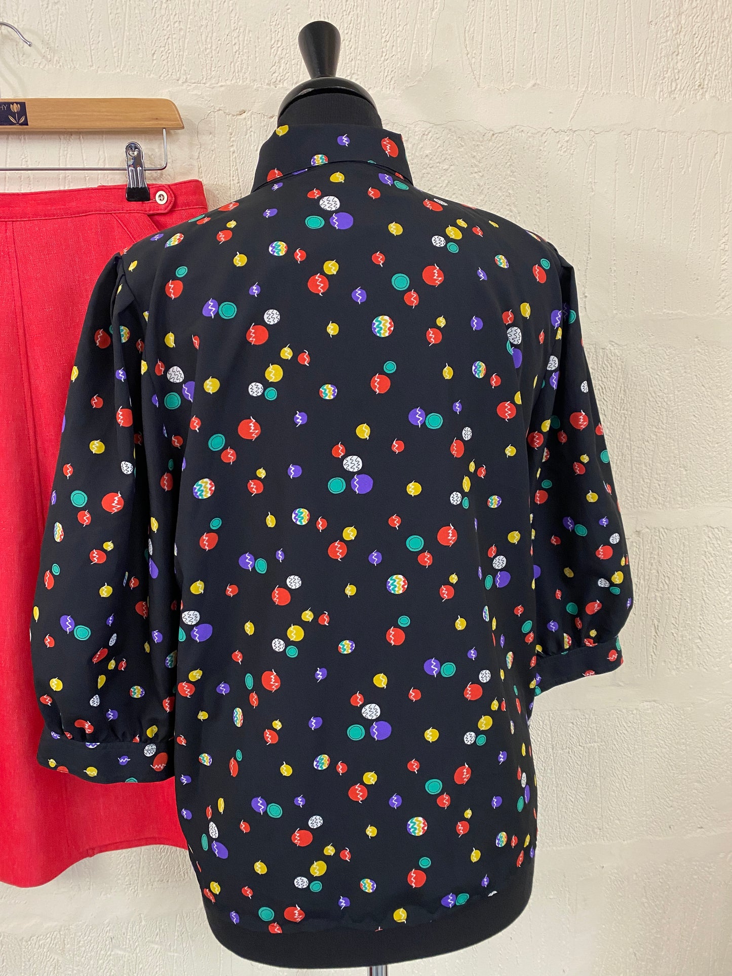Vintage Black Blouse with Bauble Pattern. 3/4 Length Sleeve. Size 12