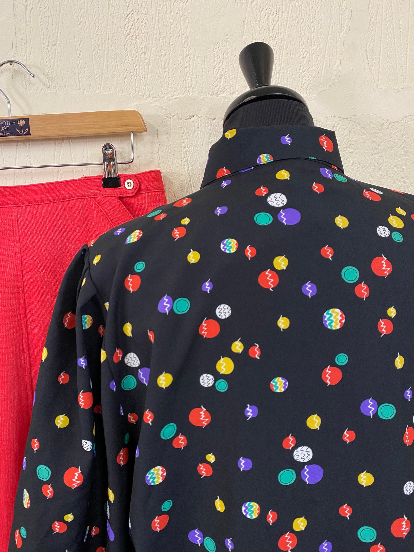 Vintage Black Blouse with Bauble Pattern. 3/4 Length Sleeve. Size 12