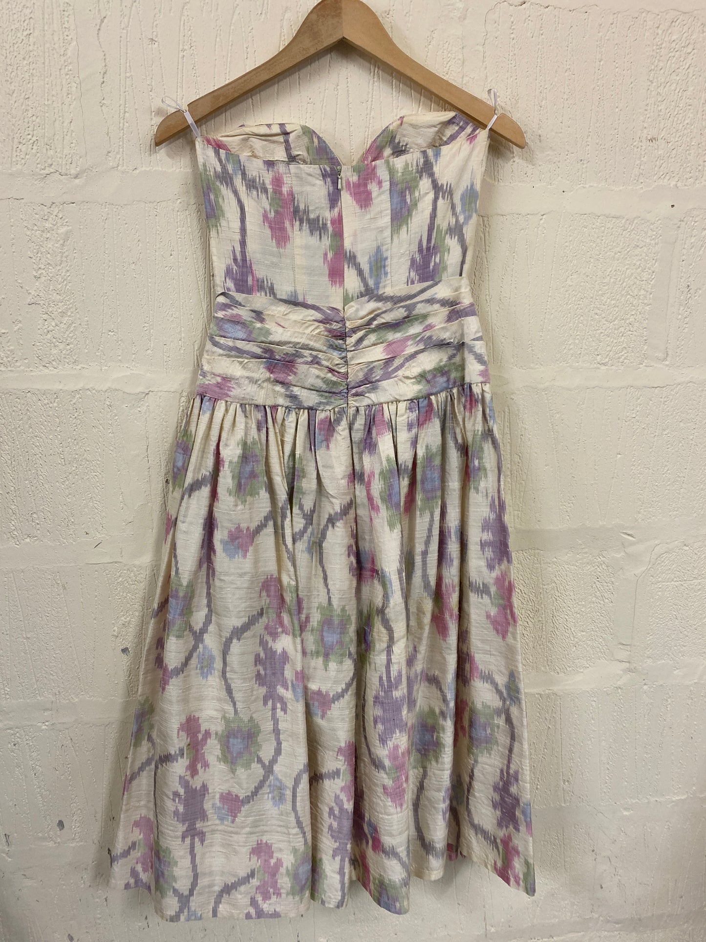 1980s Strapless Cream Silk Dress with Pink and Purple pattern Size 6