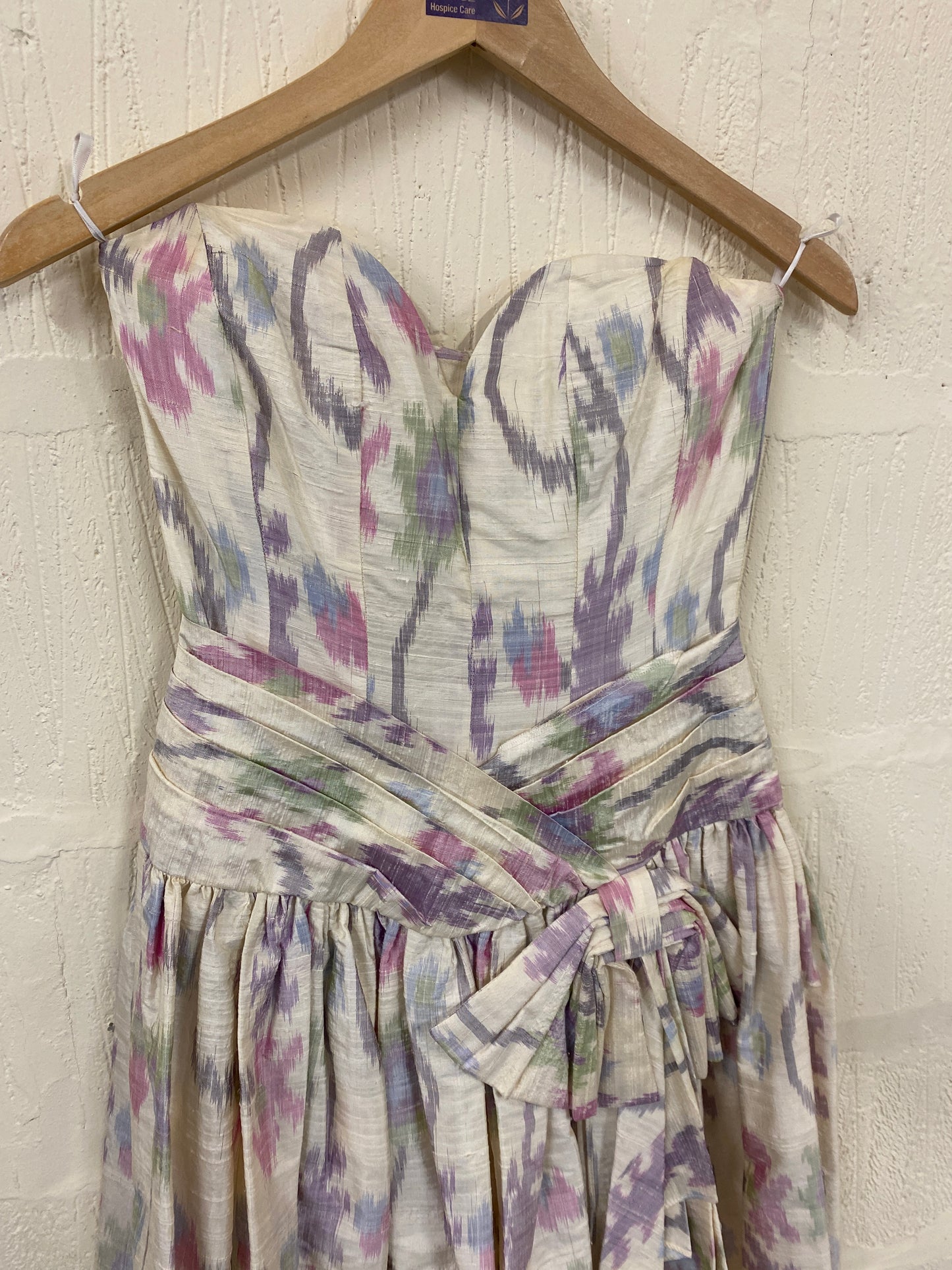 1980s Strapless Cream Silk Dress with Pink and Purple pattern Size 6