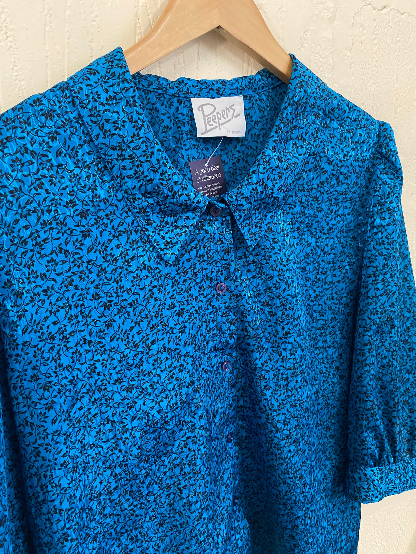 Vintage Teal 1980s Floral Blouse Size 16