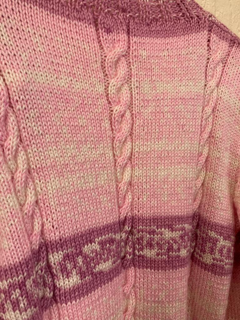 Pink, White and Mauve Hand Knitted Cardigan Size M