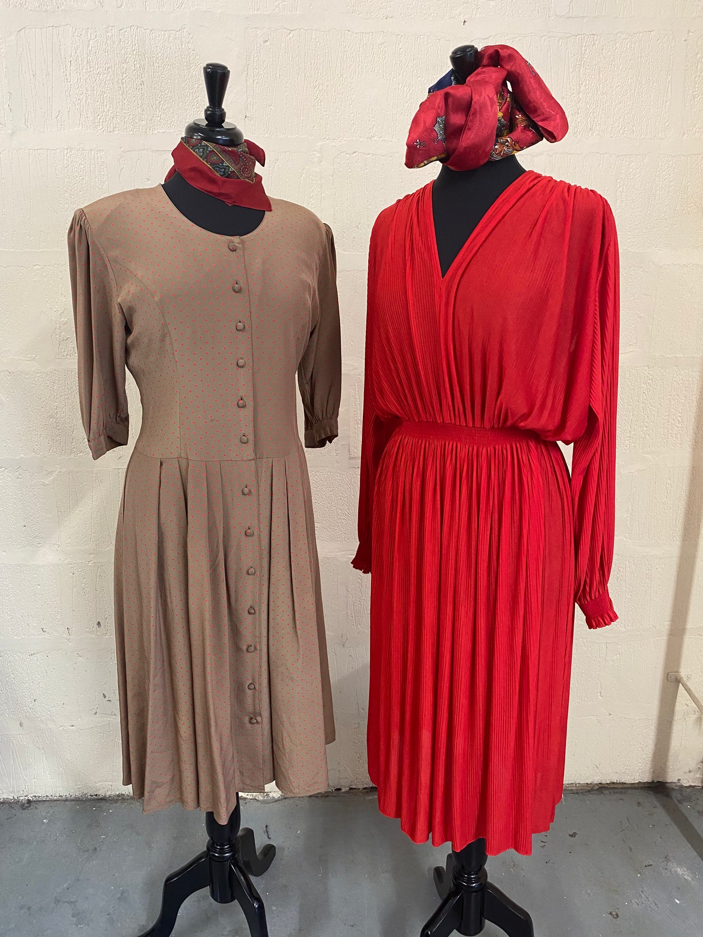 Vintage St Michael Brown and Red Polka Dot 100% Silk 1980s Midi Dress Size 12