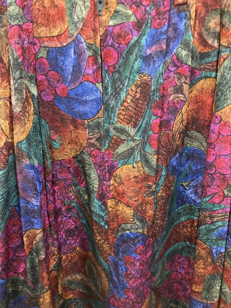 Vintage Green, Yellow and Navy Floral Pleated Maxi Skirt Size 10