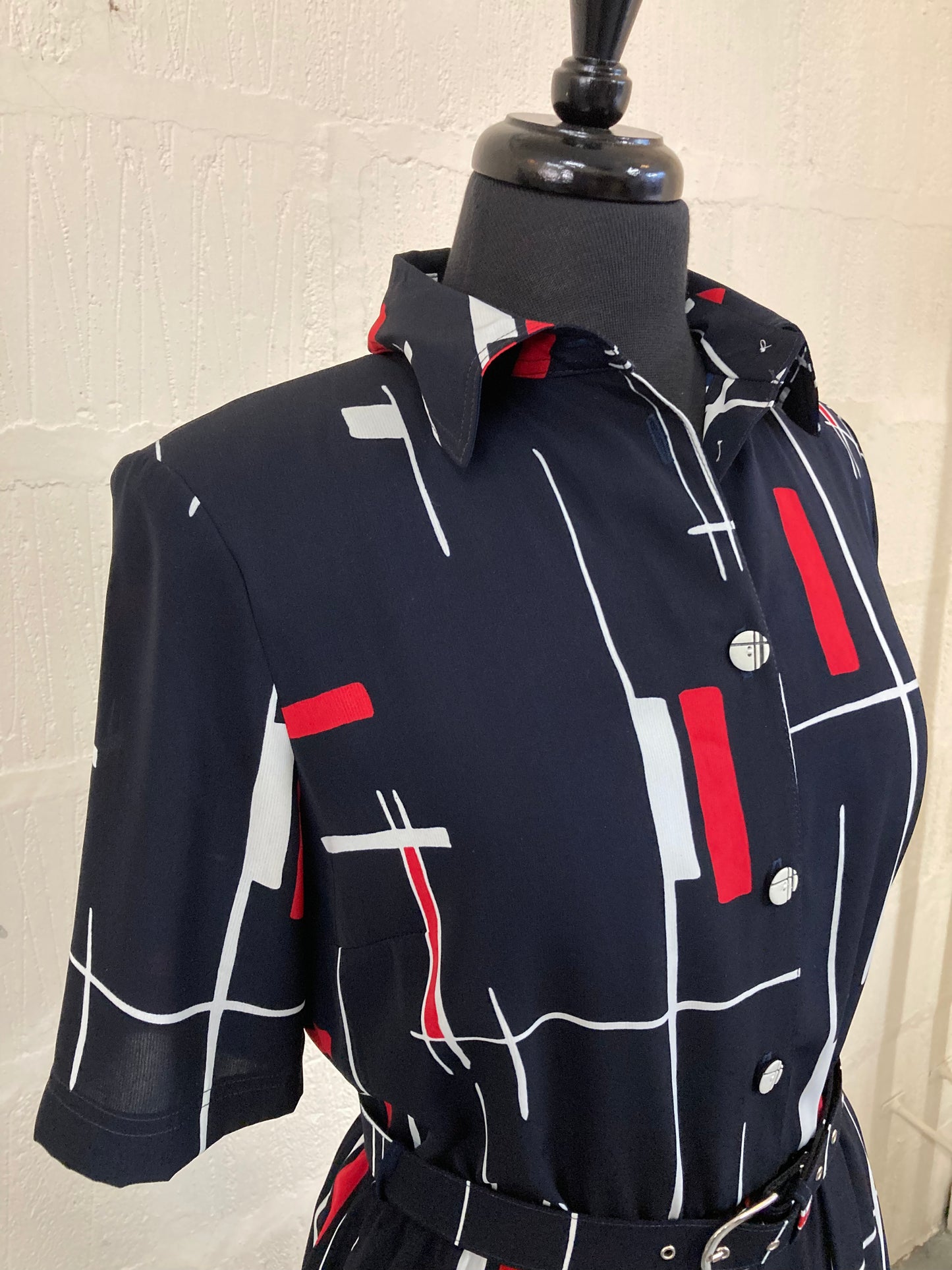 1960s style Mandy Marsh Black with White and Red Geo Print Maxi Dress Size 10