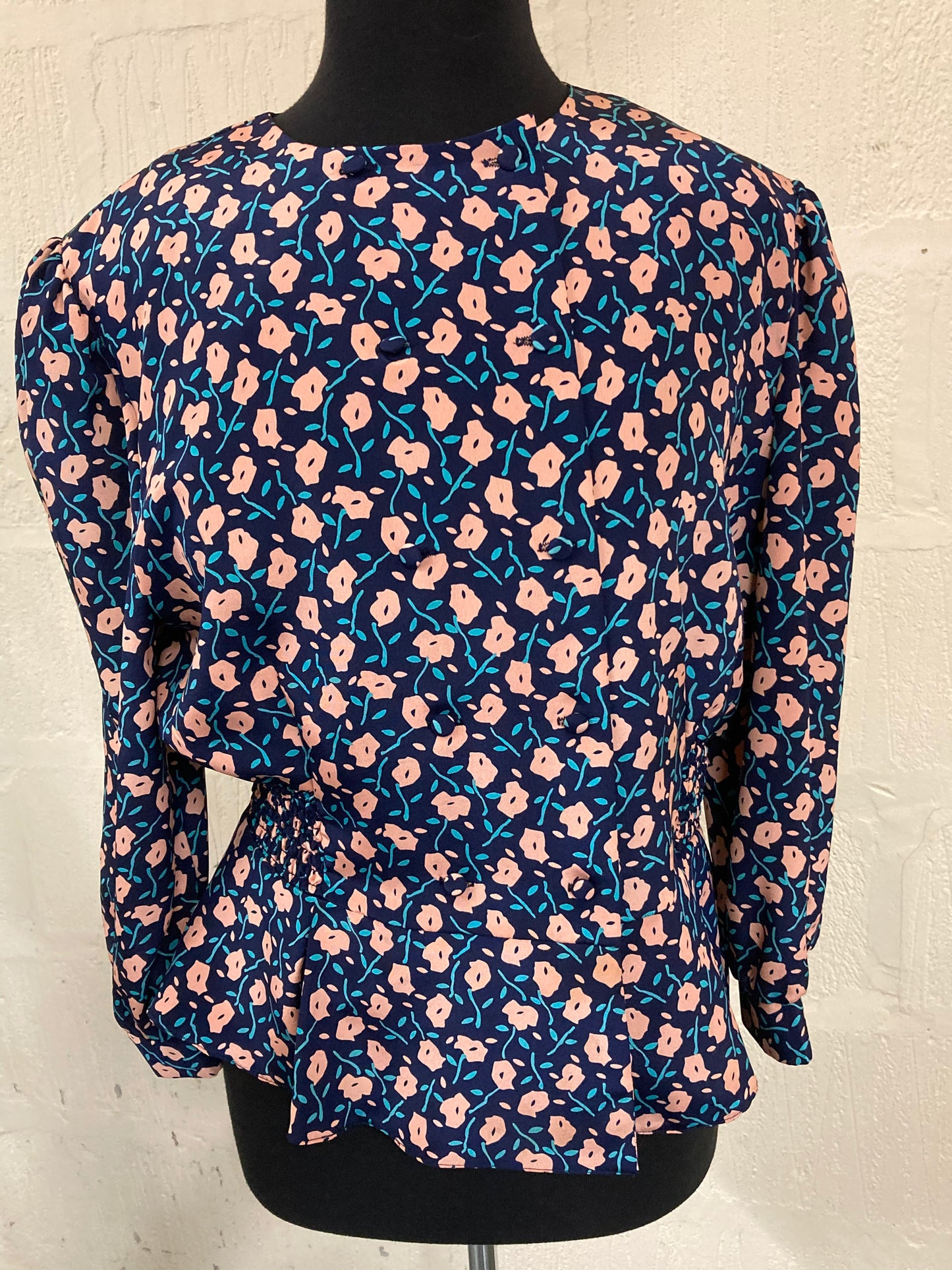 1980s Vintage Berkertex Navy with Pink and Turquoise Floral Top Size 16