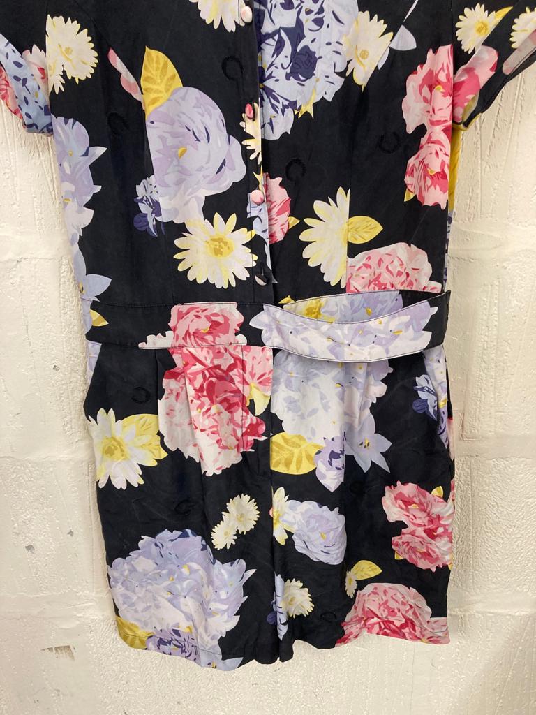 Preloved Silk Black and Floral Silk Playsuit Size 12