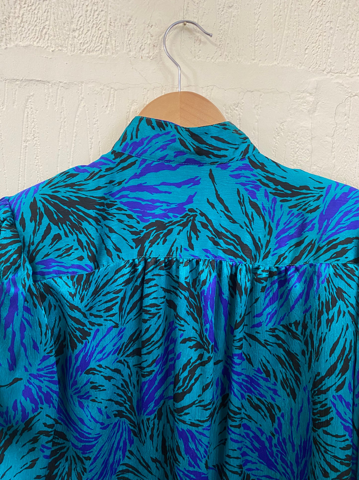 Vintage Teal and Blue 1980s Abstract Blouse Size 16