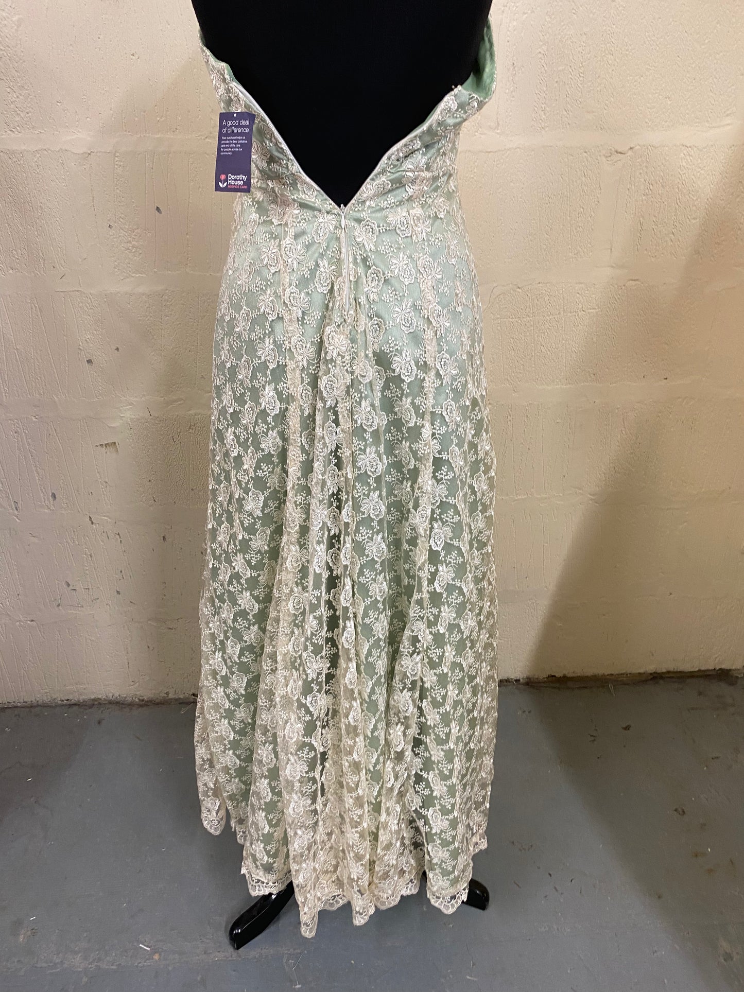 Vintage 1960s Hand Made White Lace on Green Halterneck Maxi Dress Size 8