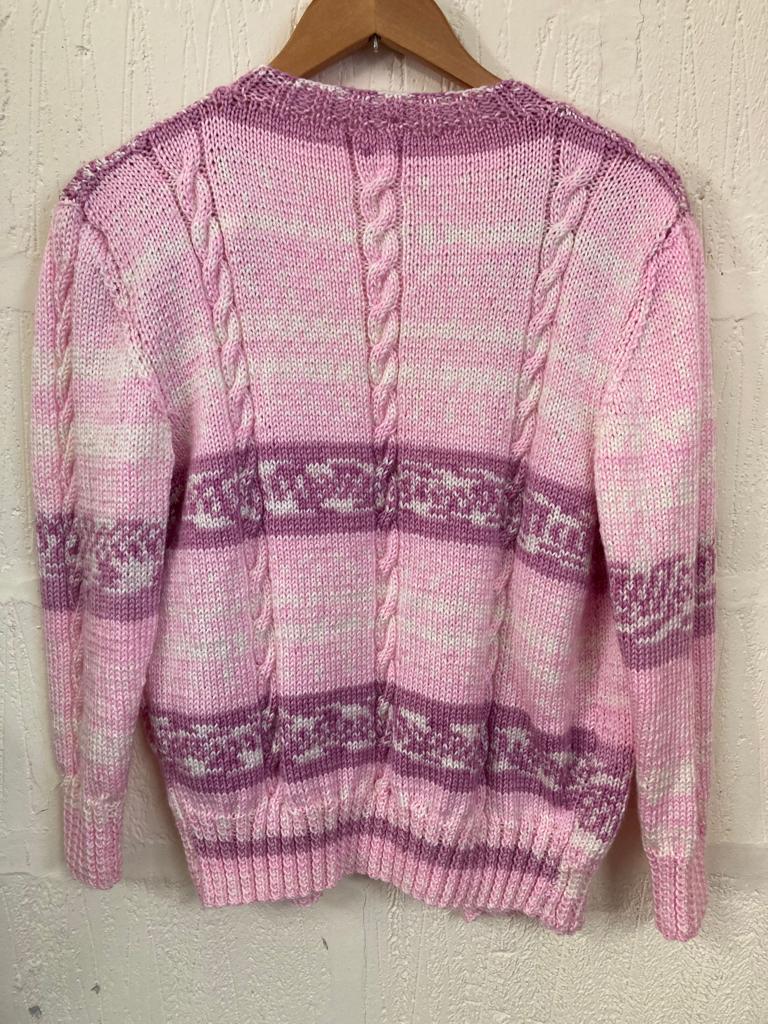Pink, White and Mauve Hand Knitted Cardigan Size M