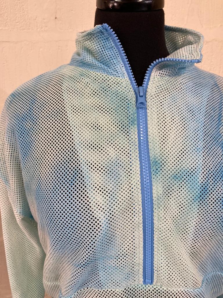 Y2K Blue and Green Tie Dye Mesh Top Size M