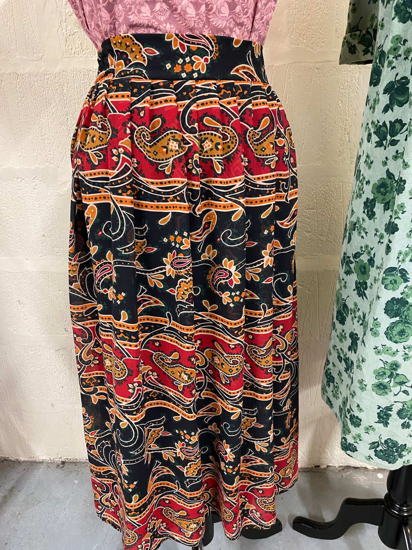 Black, Green and Yellow Paisley Ex Long Gathered Midi Skirt Size 10