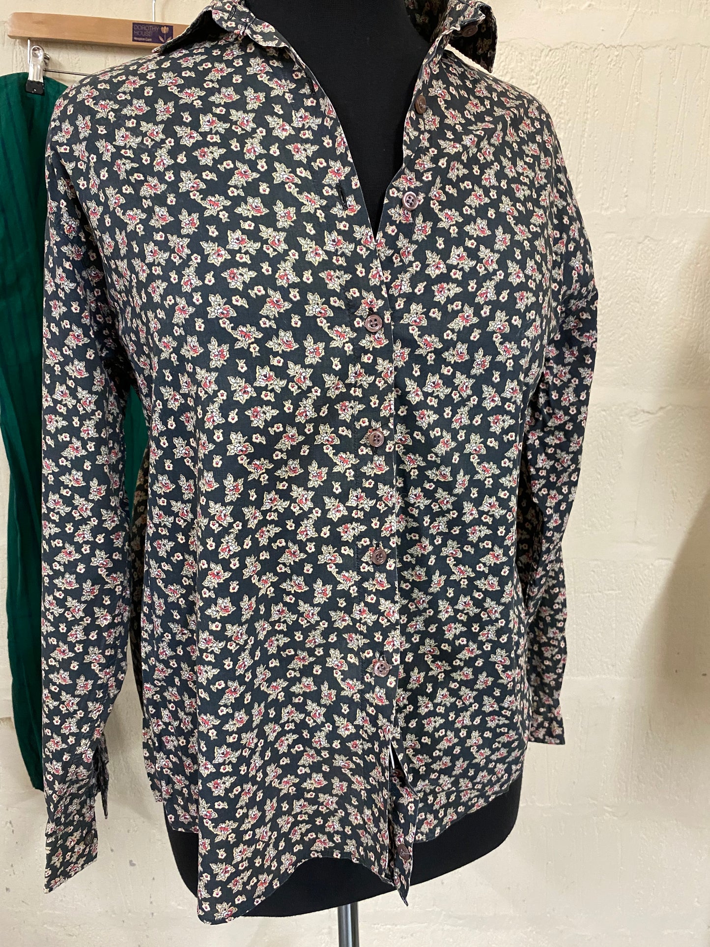 Vintage Charcoal and Red and White Floral Liberty Print Shirt Size 14