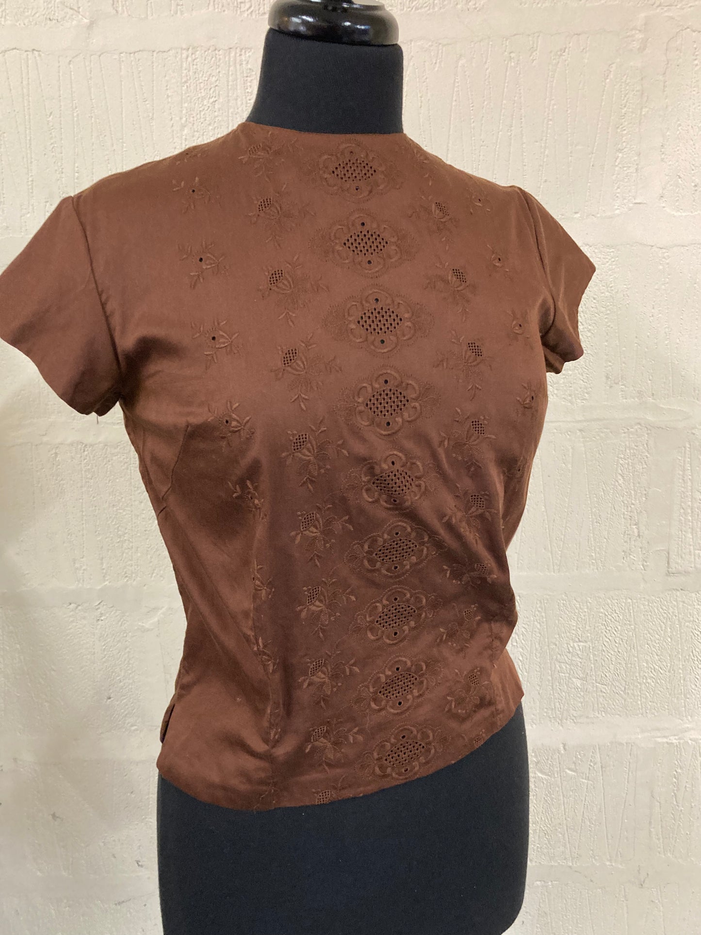 Vintage Brown Embroidered Cap Sleeve Top Size 8