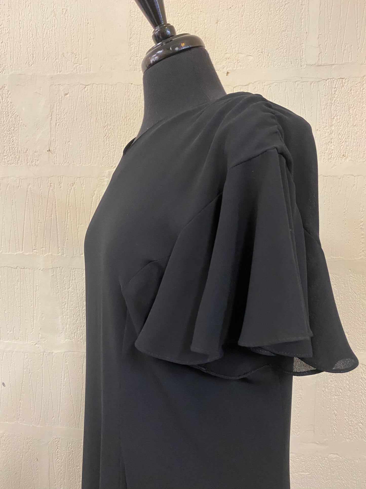 Vintage Black Frank Usher Dress with Butterfly Short Sleeve and Frilled Hem Size 18
