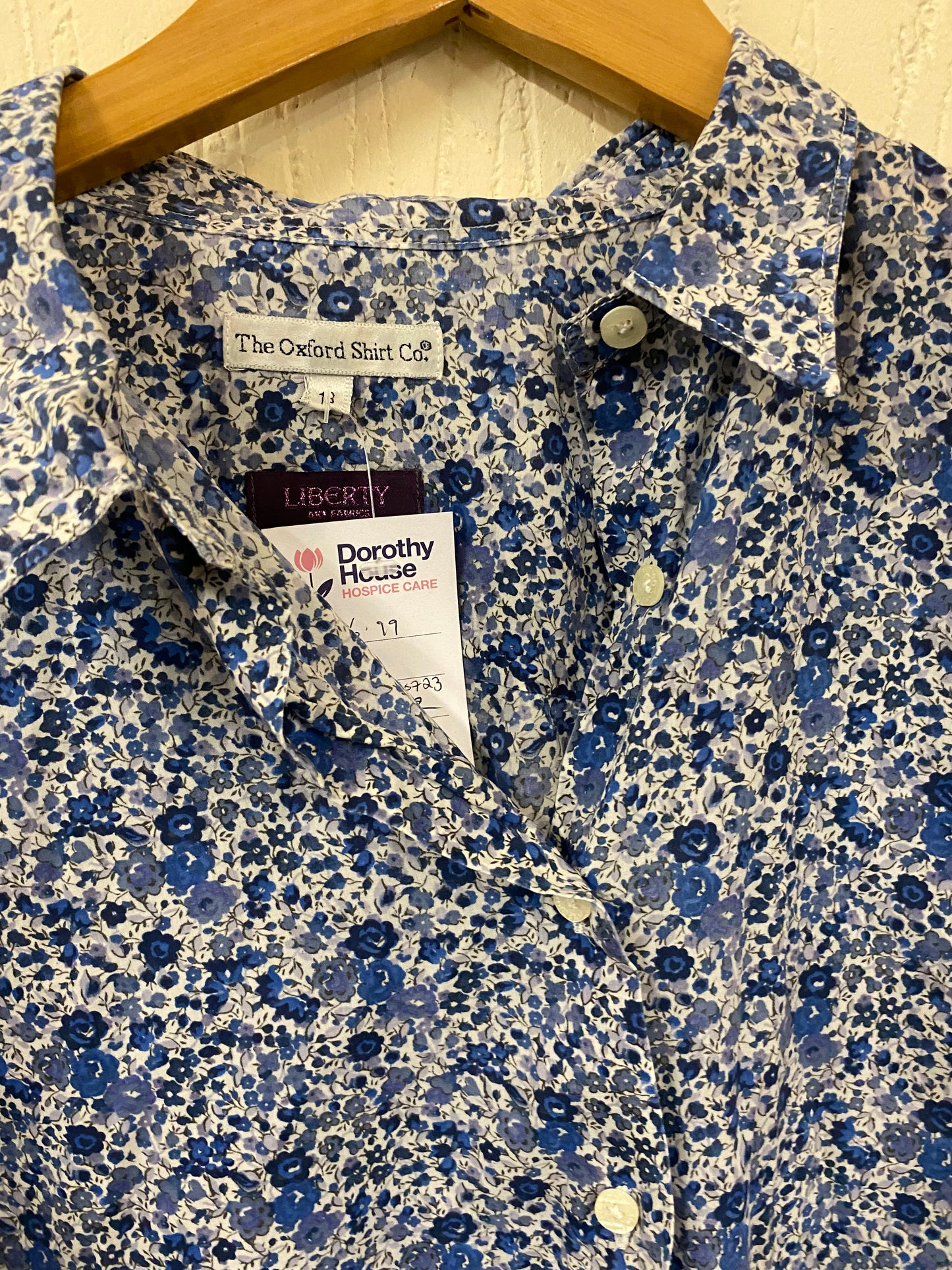 Vintage White with Blue Floral Liberty Print Shirt Size 18