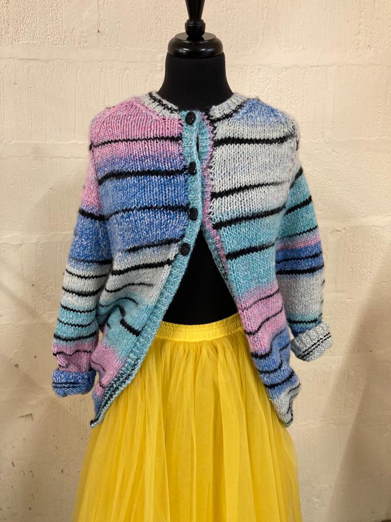 Hand Knit Blue and Pink Tones Stripe Cardigan Size M-L