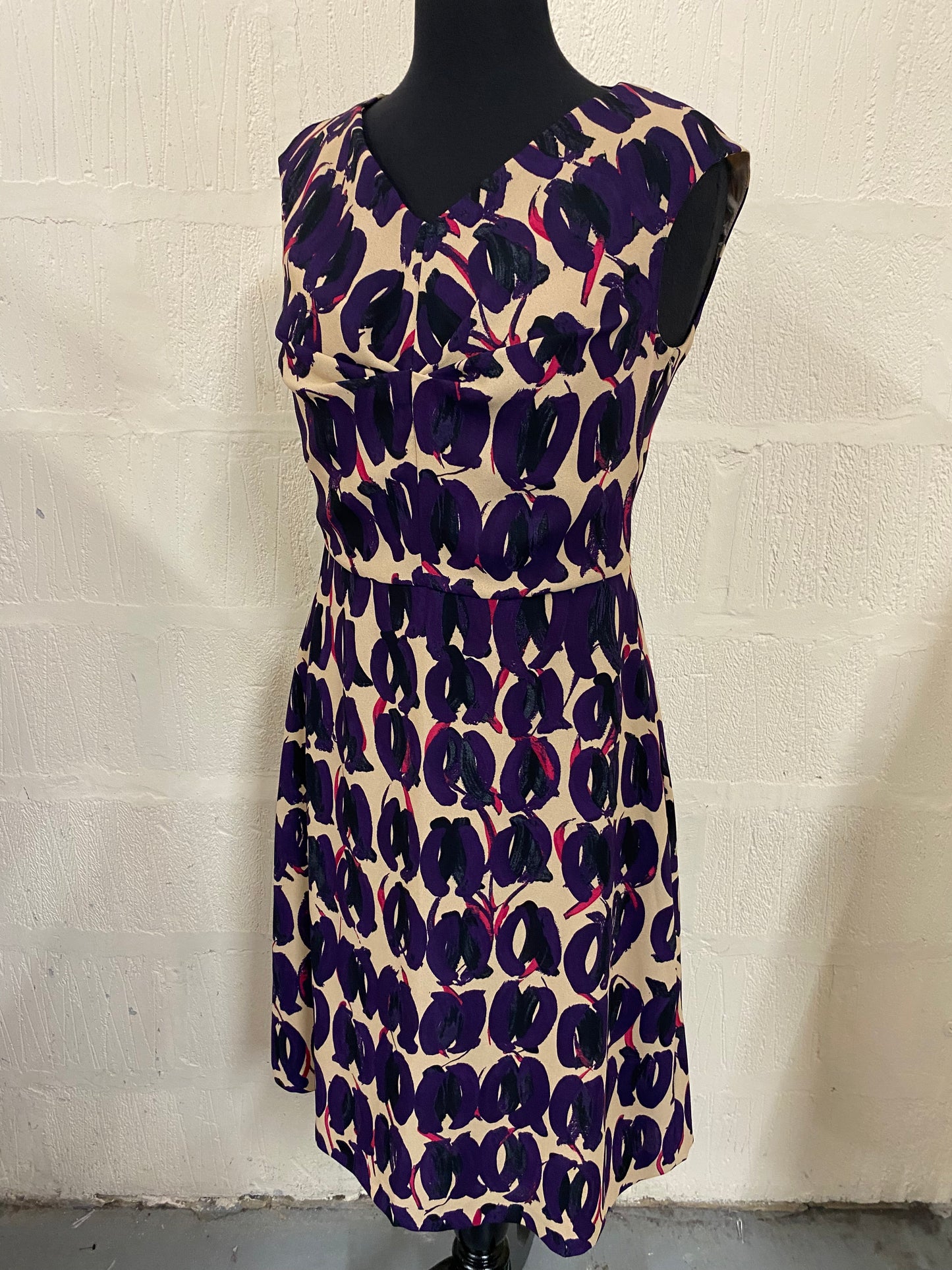 Max Mara Beige with Purple and Black Pattern Midi Dress Size 12
