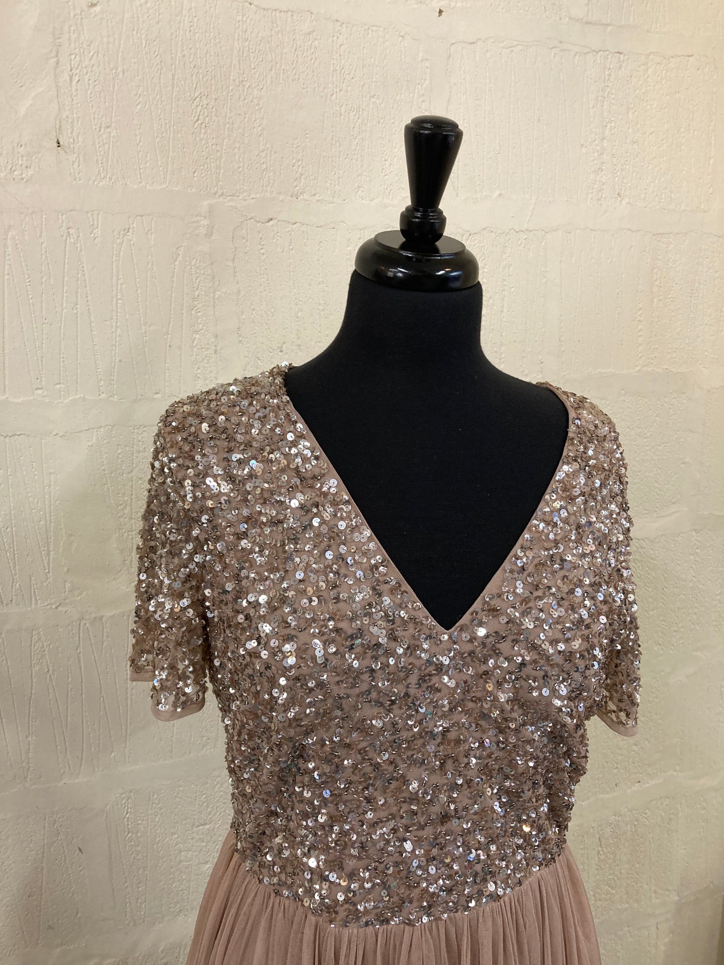 Rose Gold Sequin and Net Evening Gown Size 14