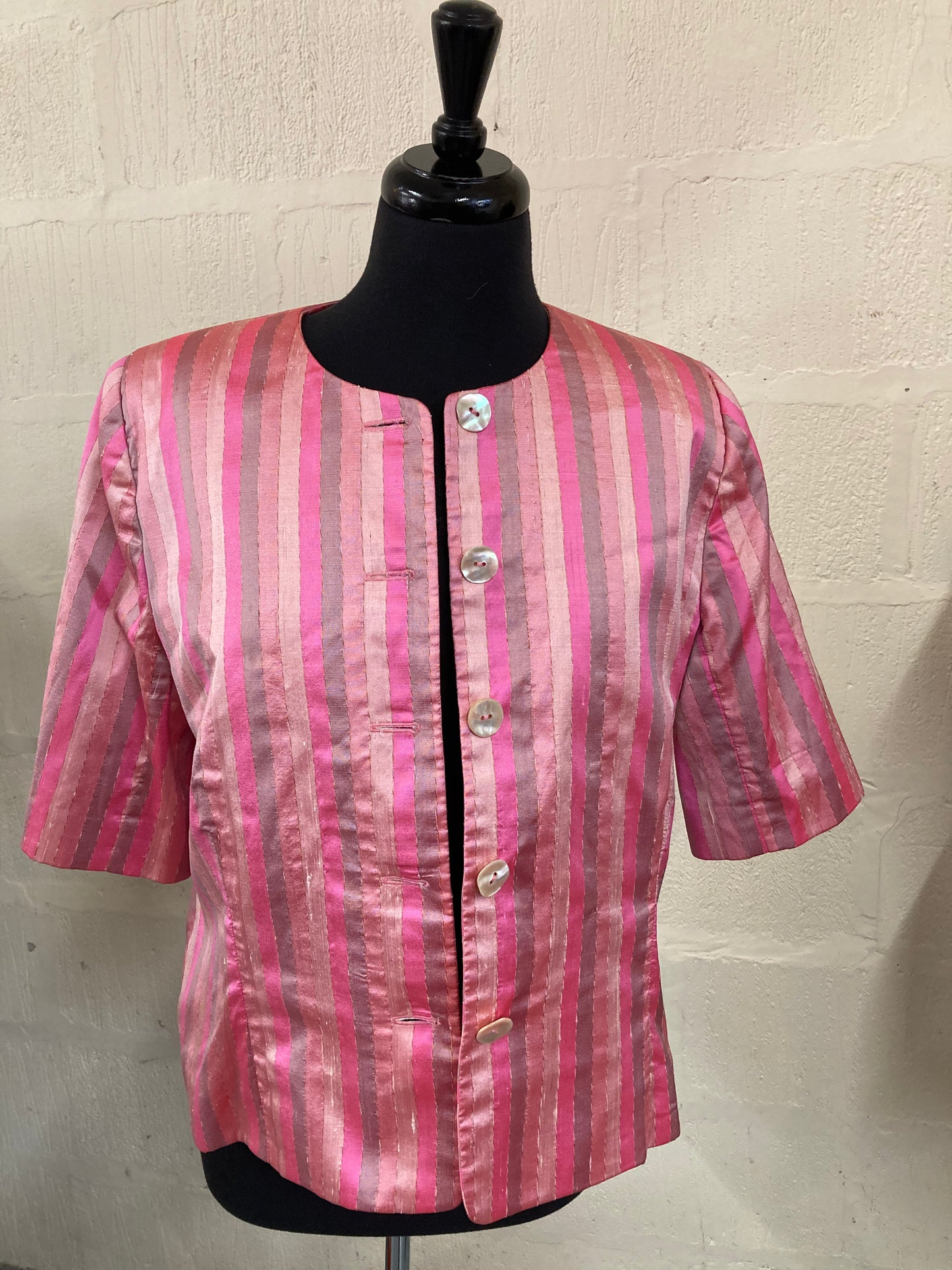 1980s Boxy Pink Striped Silk Jacket Size 16