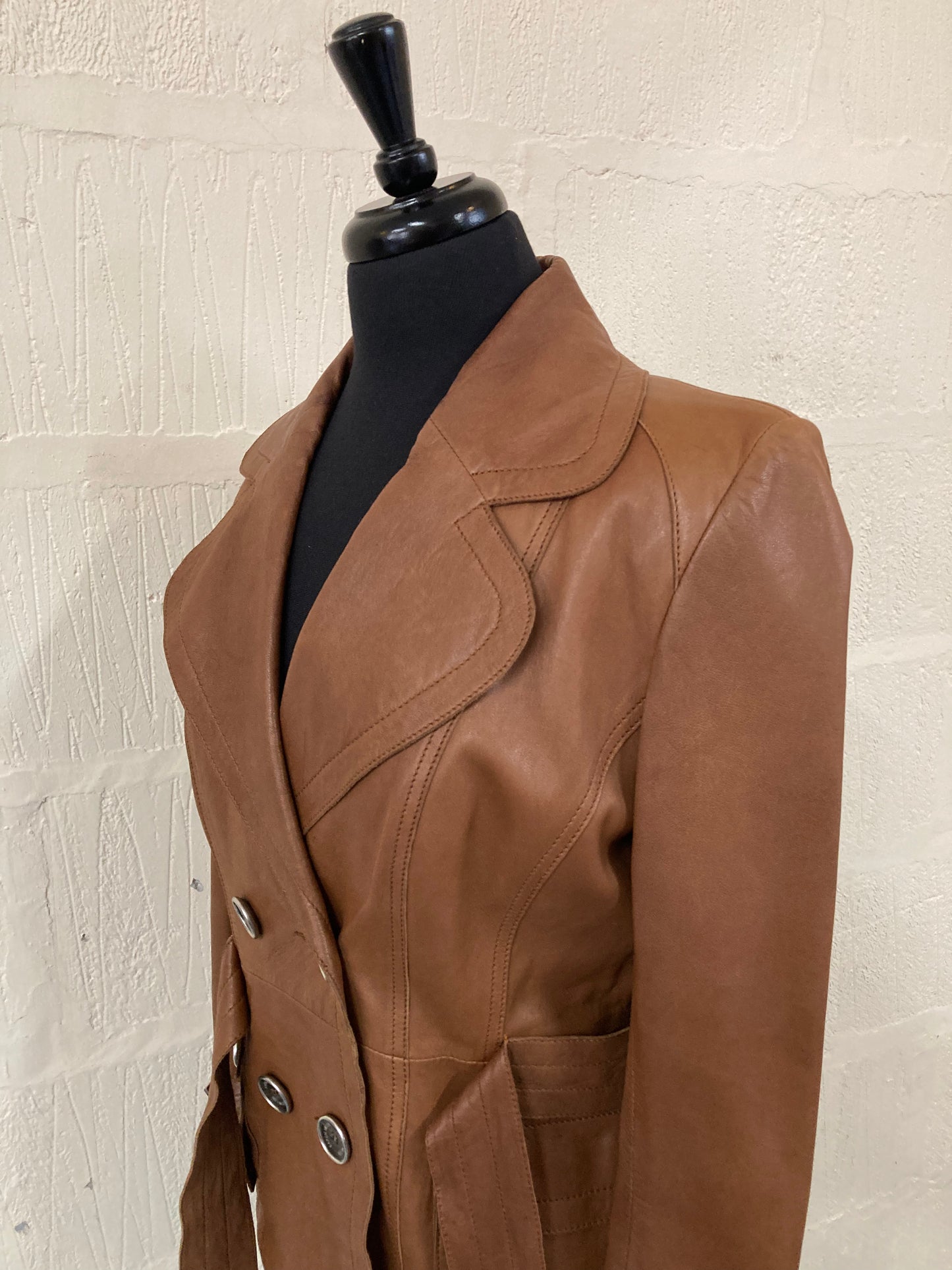 1970s style Karen Millen Tan Leather Double Breasted Belted Jacket Size 12
