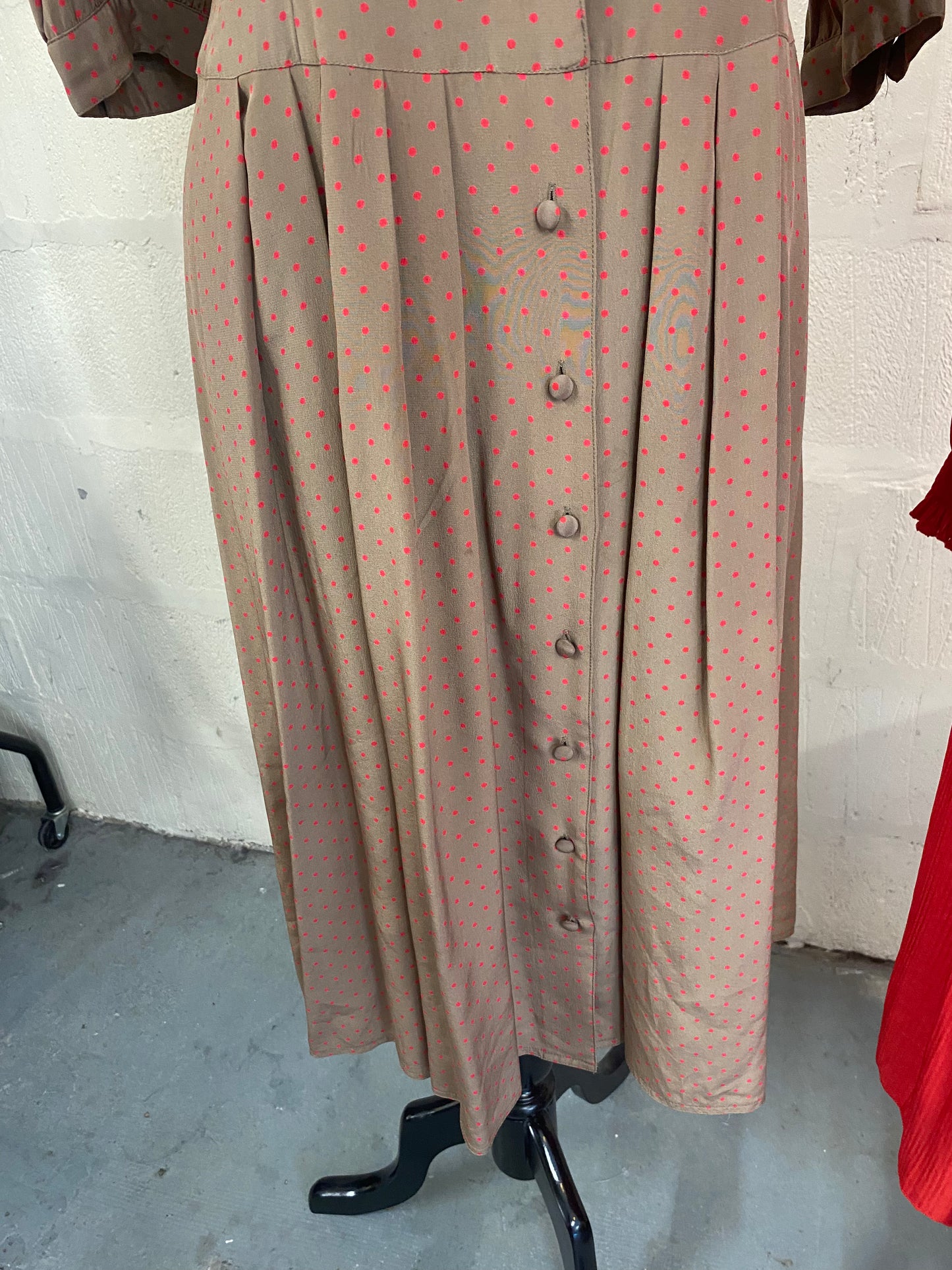 Vintage St Michael Brown and Red Polka Dot 100% Silk 1980s Midi Dress Size 12
