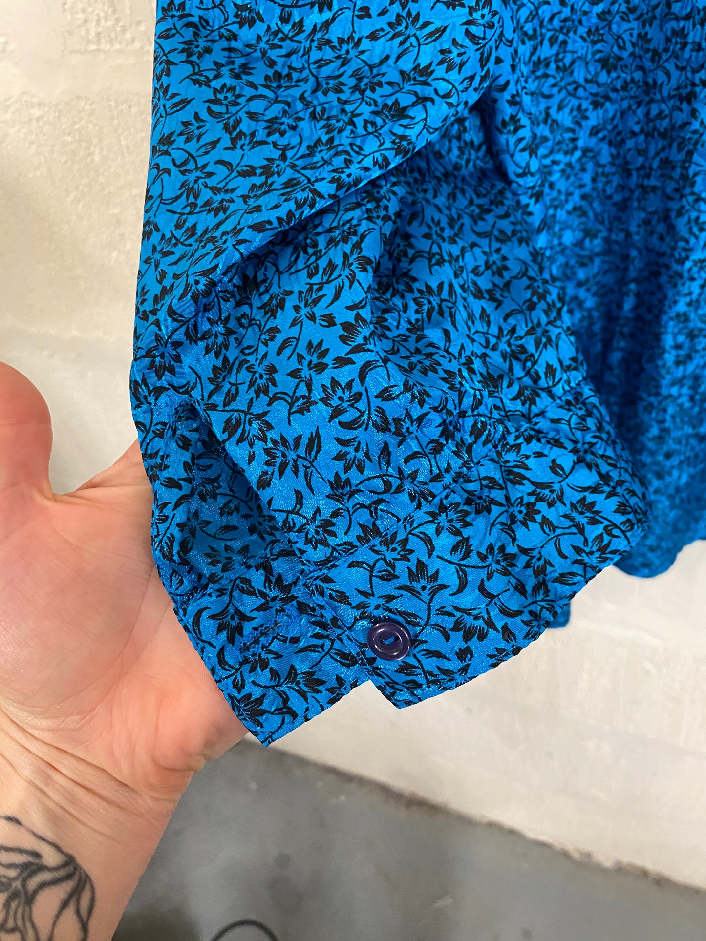 Vintage Teal 1980s Floral Blouse Size 16