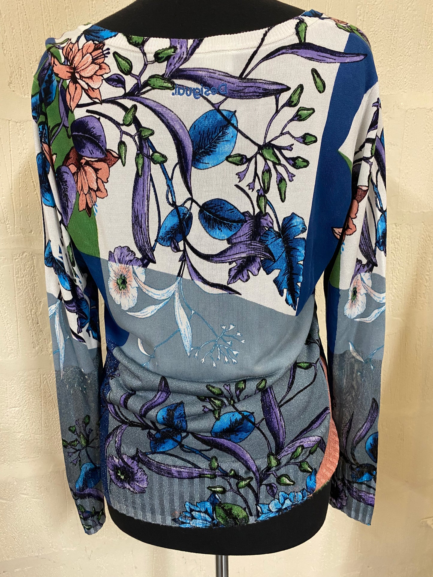 Fine Knit Grey, White and Glitter Blue Desigual Jumper Size 14