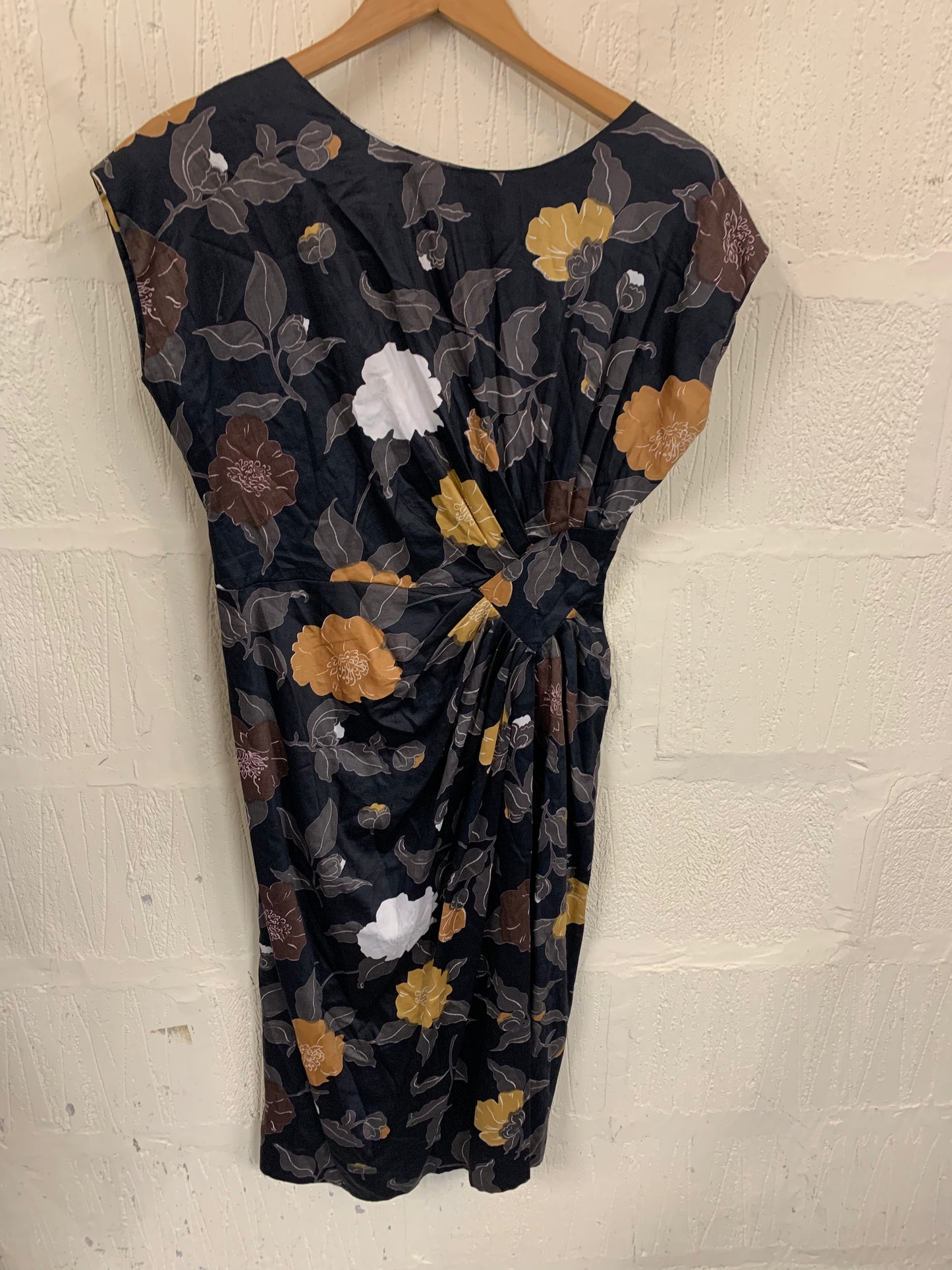 Vintage 1950s Wiggle Style Black Floral Capsleeve Dress Size 10