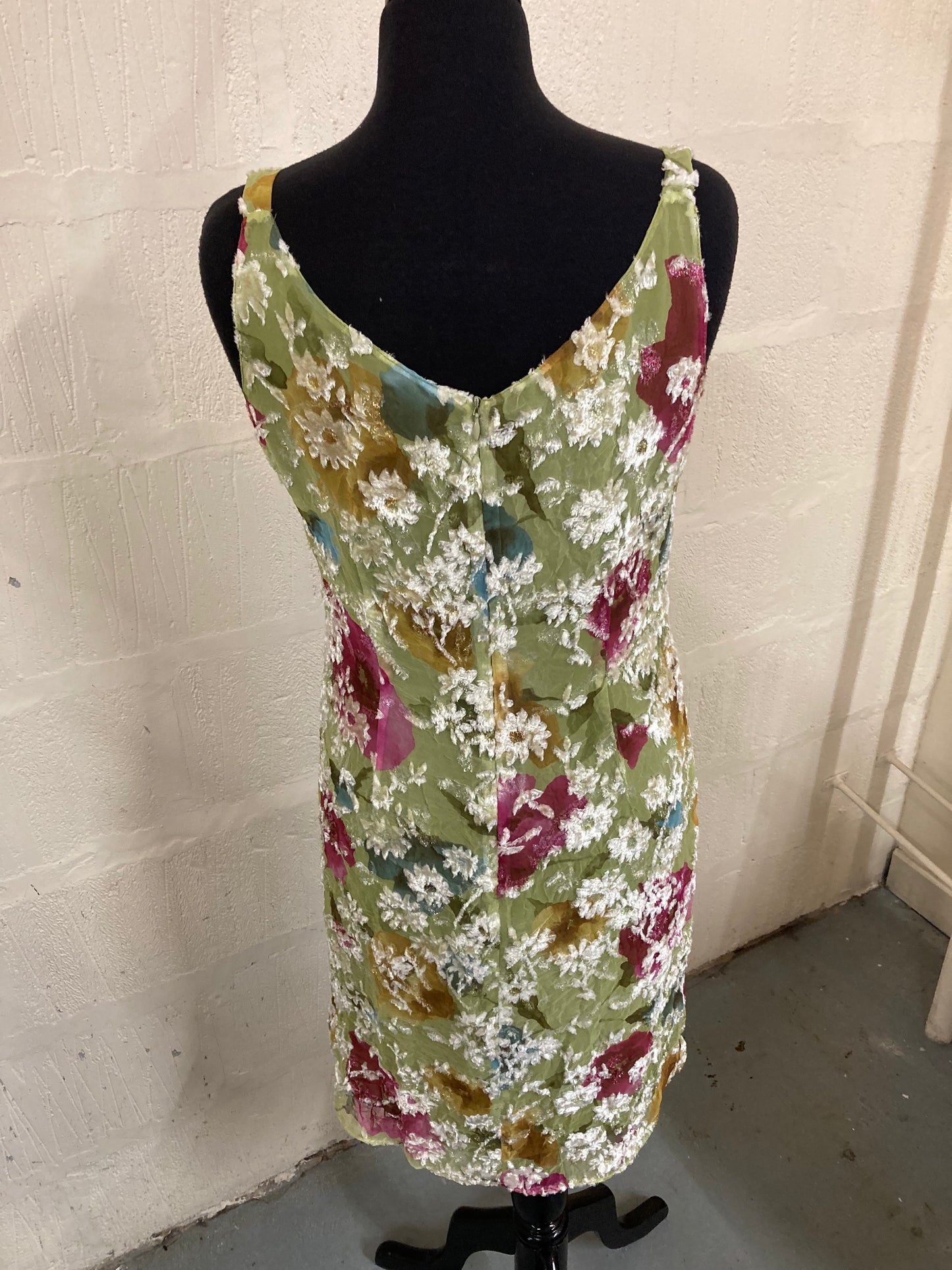 1990s Green with White Embellished Flower Shift Dress Size 14