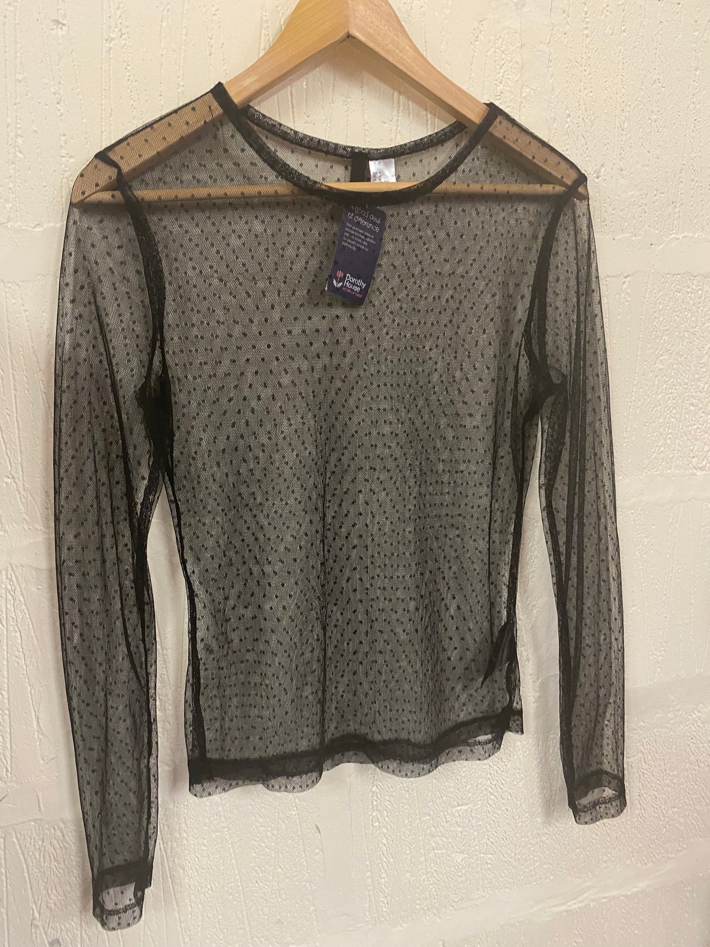 Black Sheer Polka Dot Sleeved Top Size 12