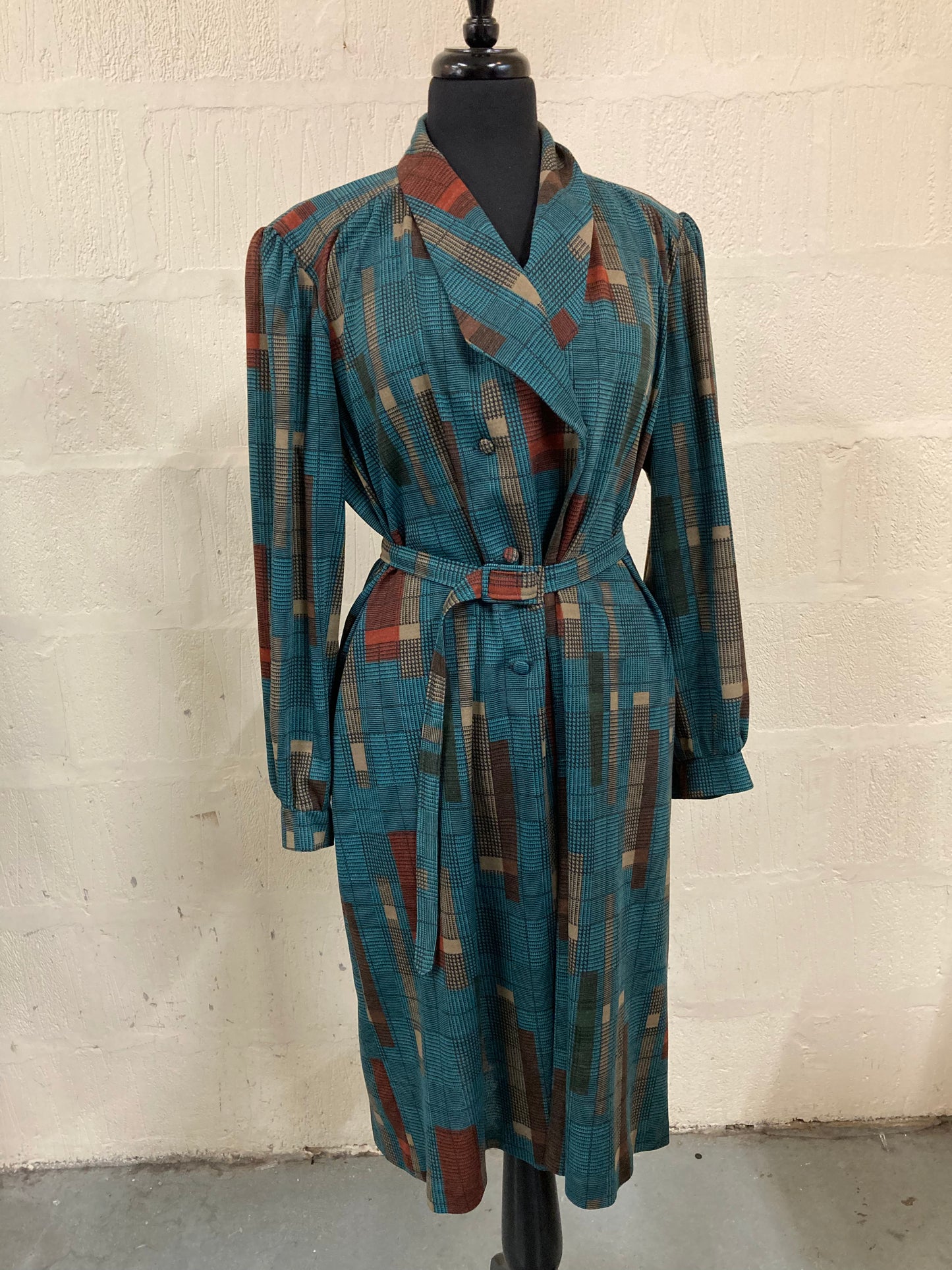 1960s Style Midi Green and Taupe Double Breasted Dress Size 20