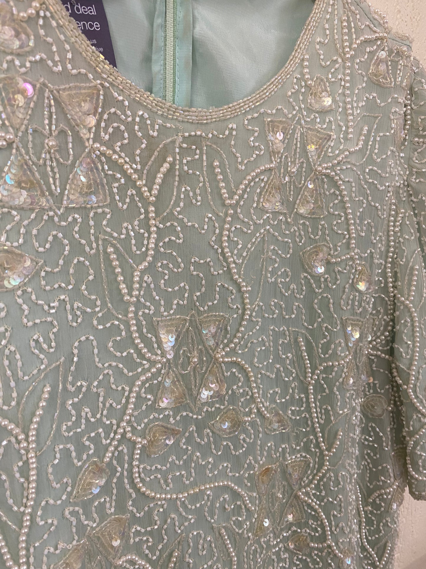 Vintage Light Green Frank Usher Silk and Sequin Top Size 12-14