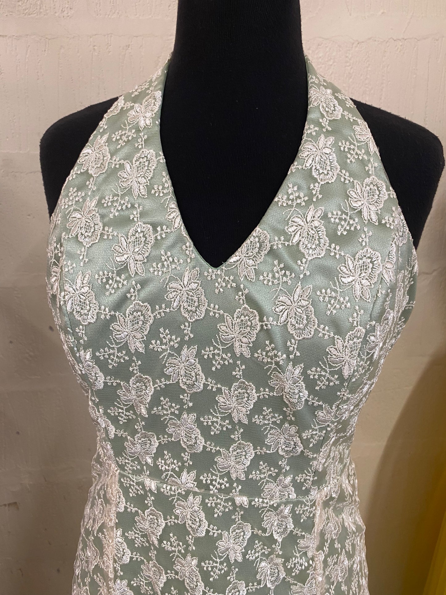 Vintage 1960s Hand Made White Lace on Green Halterneck Maxi Dress Size 8