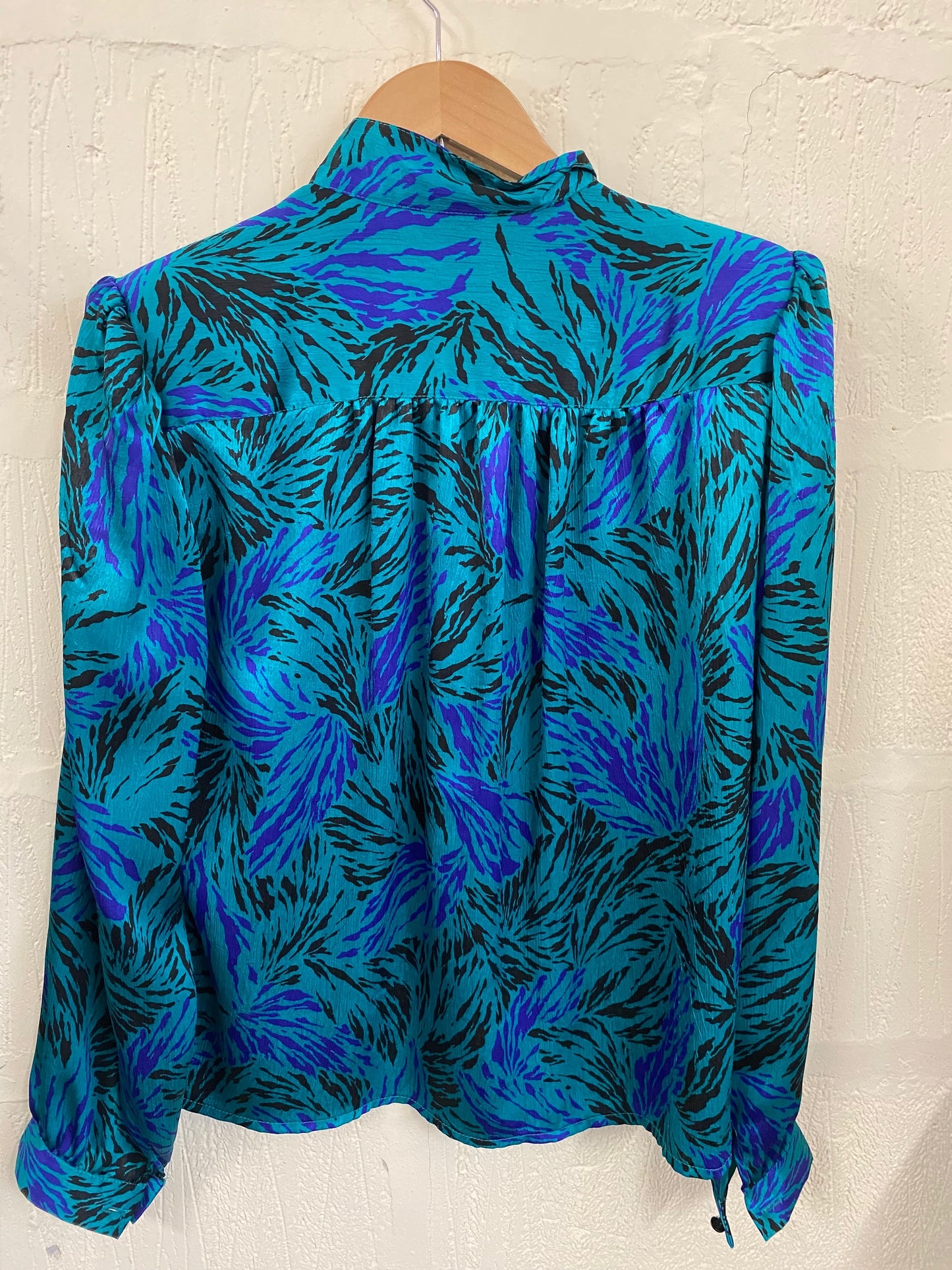 Vintage Teal and Blue 1980s Abstract Blouse Size 16
