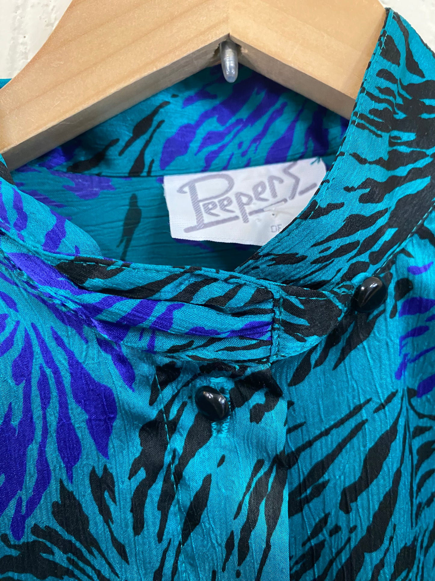Vintage Teal and Blue 1980s Abstract Blouse Size 16